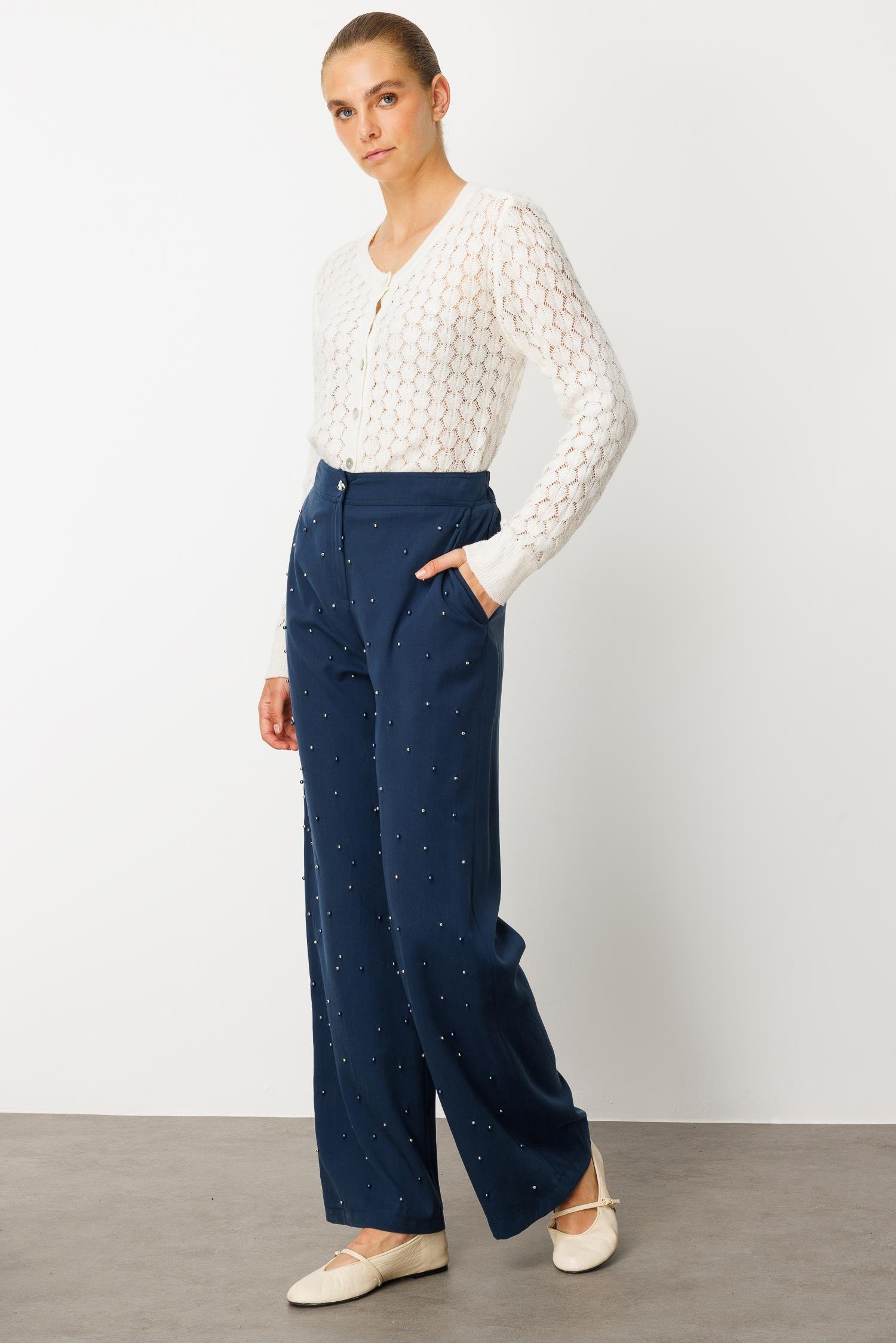 Modailgi  Yüksel Bel Yandan Cepli İnci Detaylı Plazzo Pantolon - 15041 İndigo