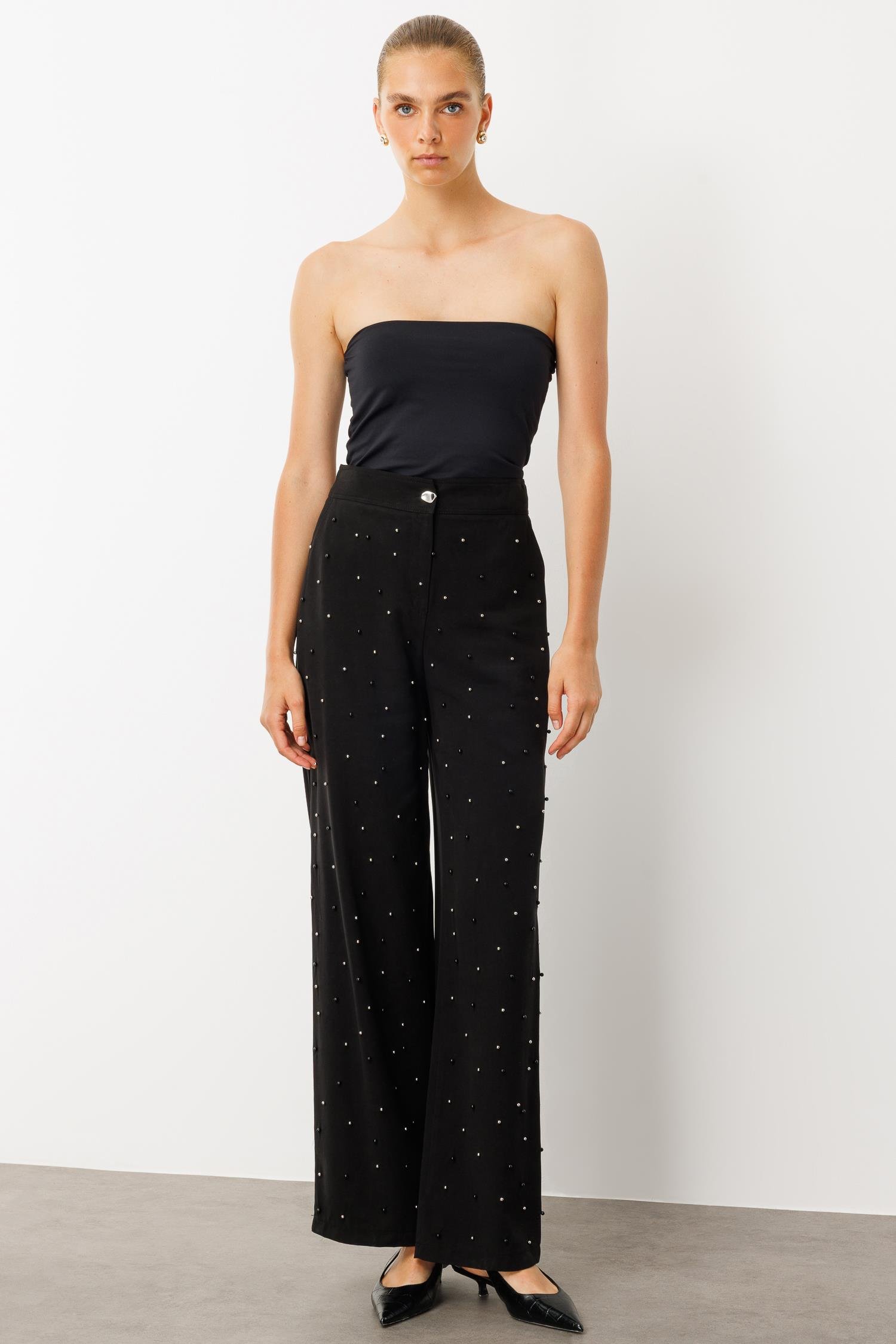 Modailgi  Yüksel Bel Yandan Cepli İnci Detaylı Plazzo Pantolon - 15041 Siyah