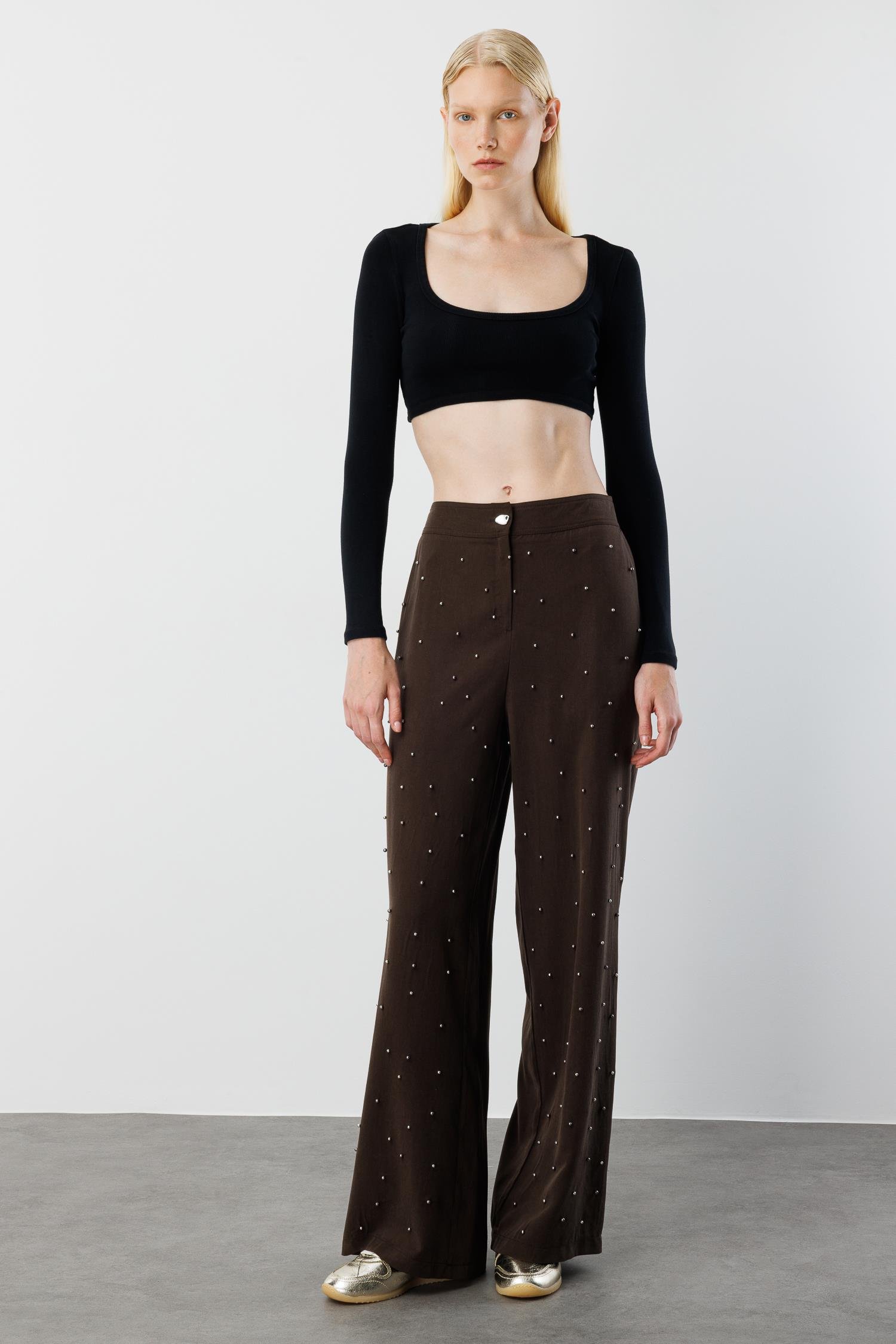 Modailgi  Yüksel Bel Yandan Cepli İnci Detaylı Plazzo Pantolon - 15041 Kahve