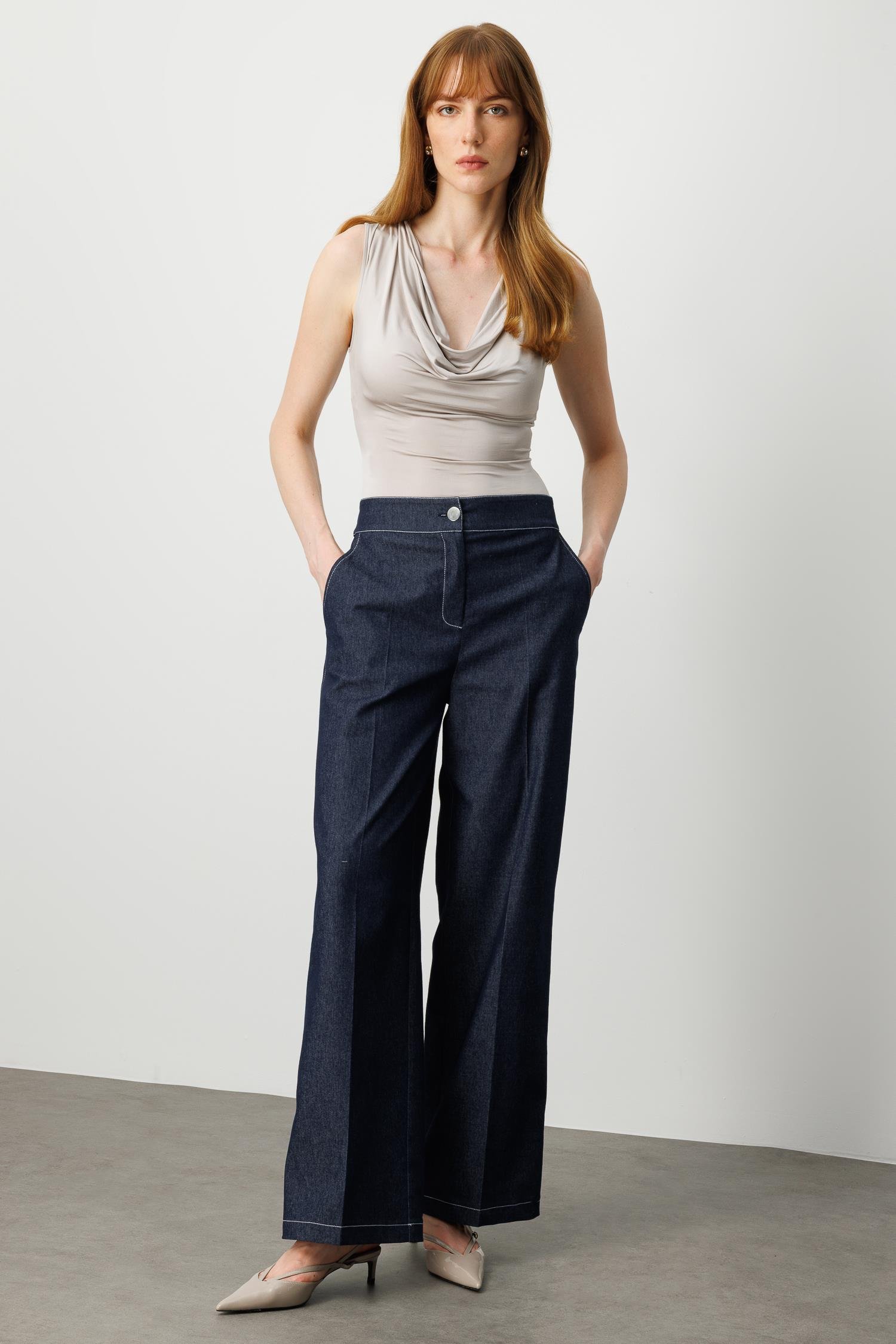 Modailgi  Yüksel Bel Yandan Cepli Tencel Kot Plazzo Kalıp Pantolon - 15053 Lacivert