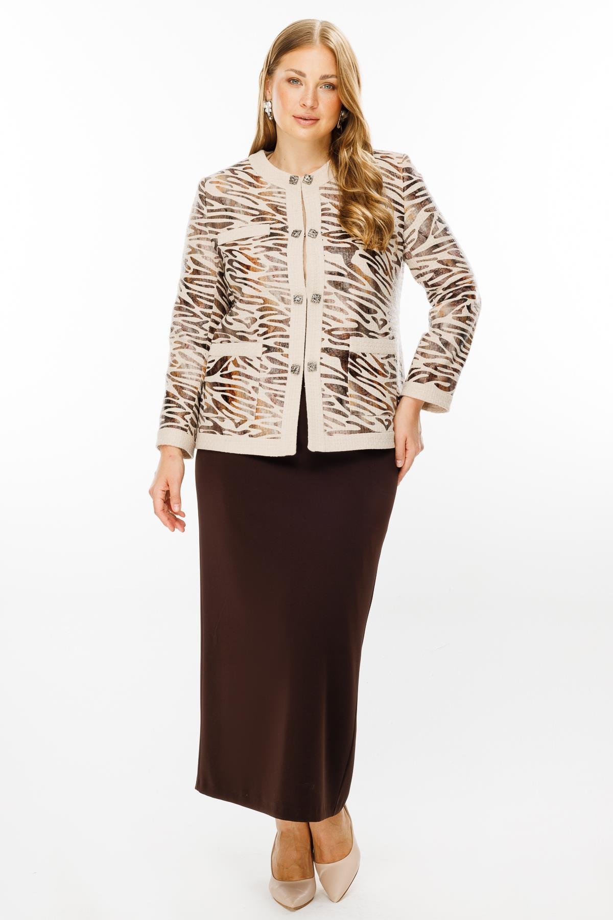 Modailgi  Zebra Desen Sıfır Yaka Kısa Ceket Vizon