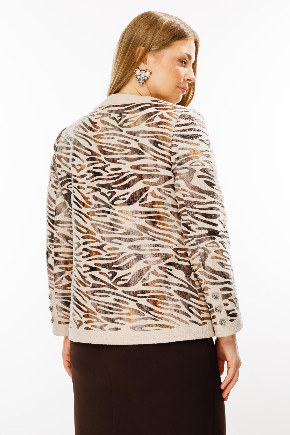 Modailgi  Zebra Desen Sıfır Yaka Kısa Ceket Vizon