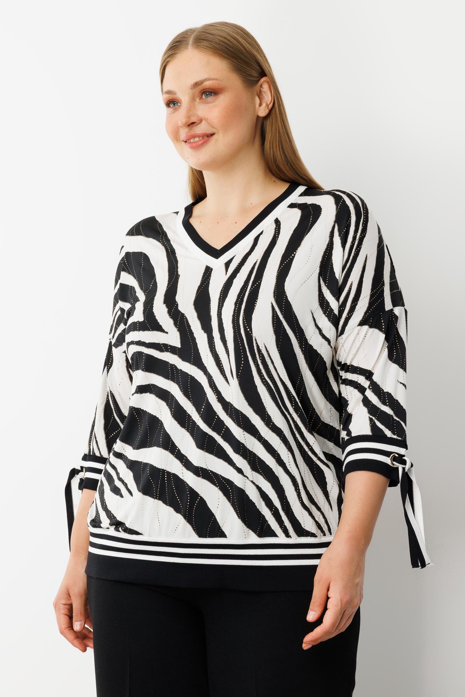 Modailgi  Zebra Desen V Yaka Kol Manşeti Bağcıklı Ribanalı Bluz Zebra