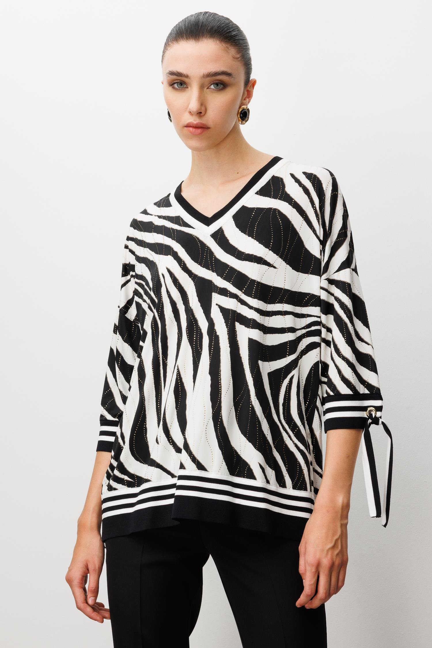 Modailgi  Zebra Desen V Yaka Kol Manşeti Bağcıklı Ribanalı Bluz Zebra