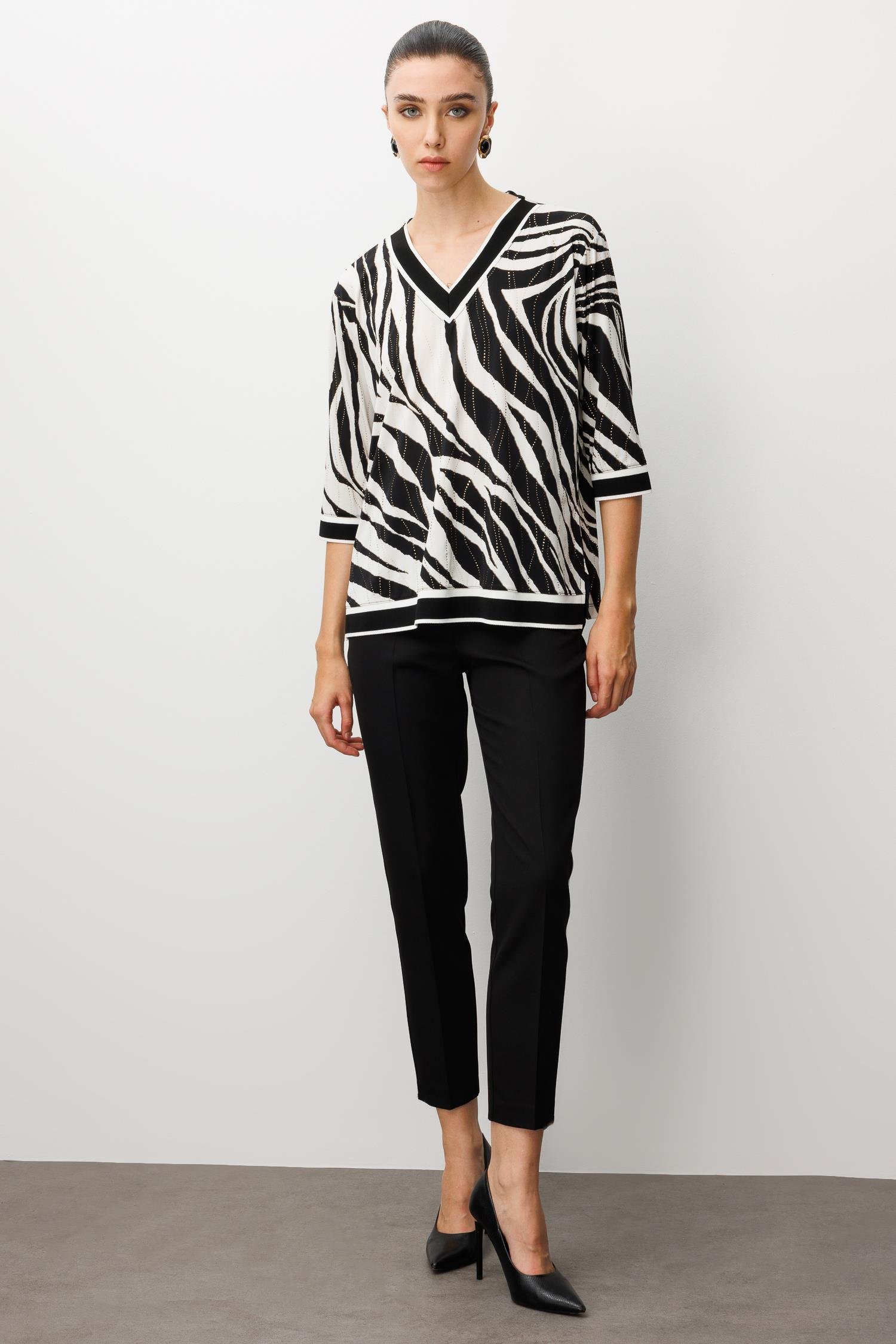 Modailgi  Zebra Desen V Yaka Ribanalı Bluz Zebra