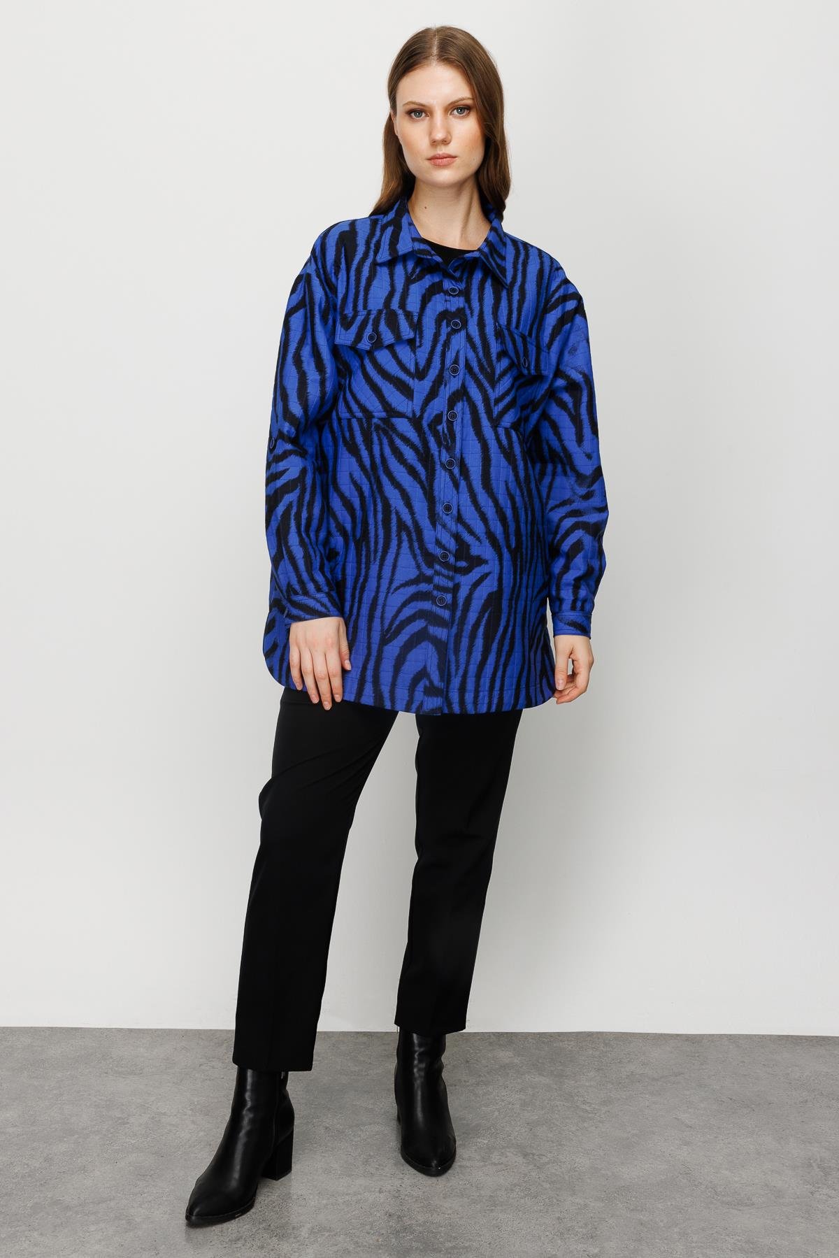 Modailgi  Zebra Desenli Kapitone Oversize Tunik Saks