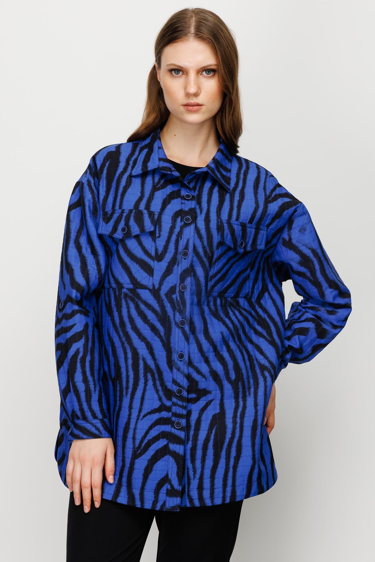 Modailgi  Zebra Desenli Kapitone Oversize Tunik Saks