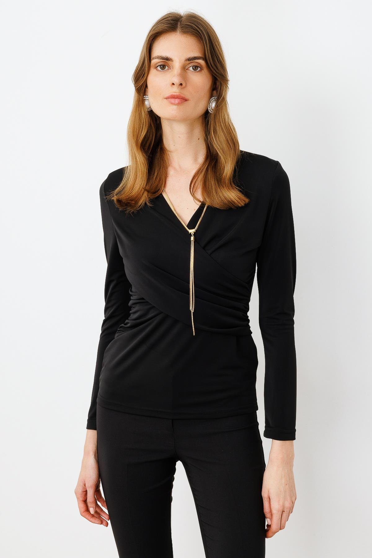 Modailgi  Zincir Aksesuarlı Uzun Kollu Kruvaze Bluz Siyah