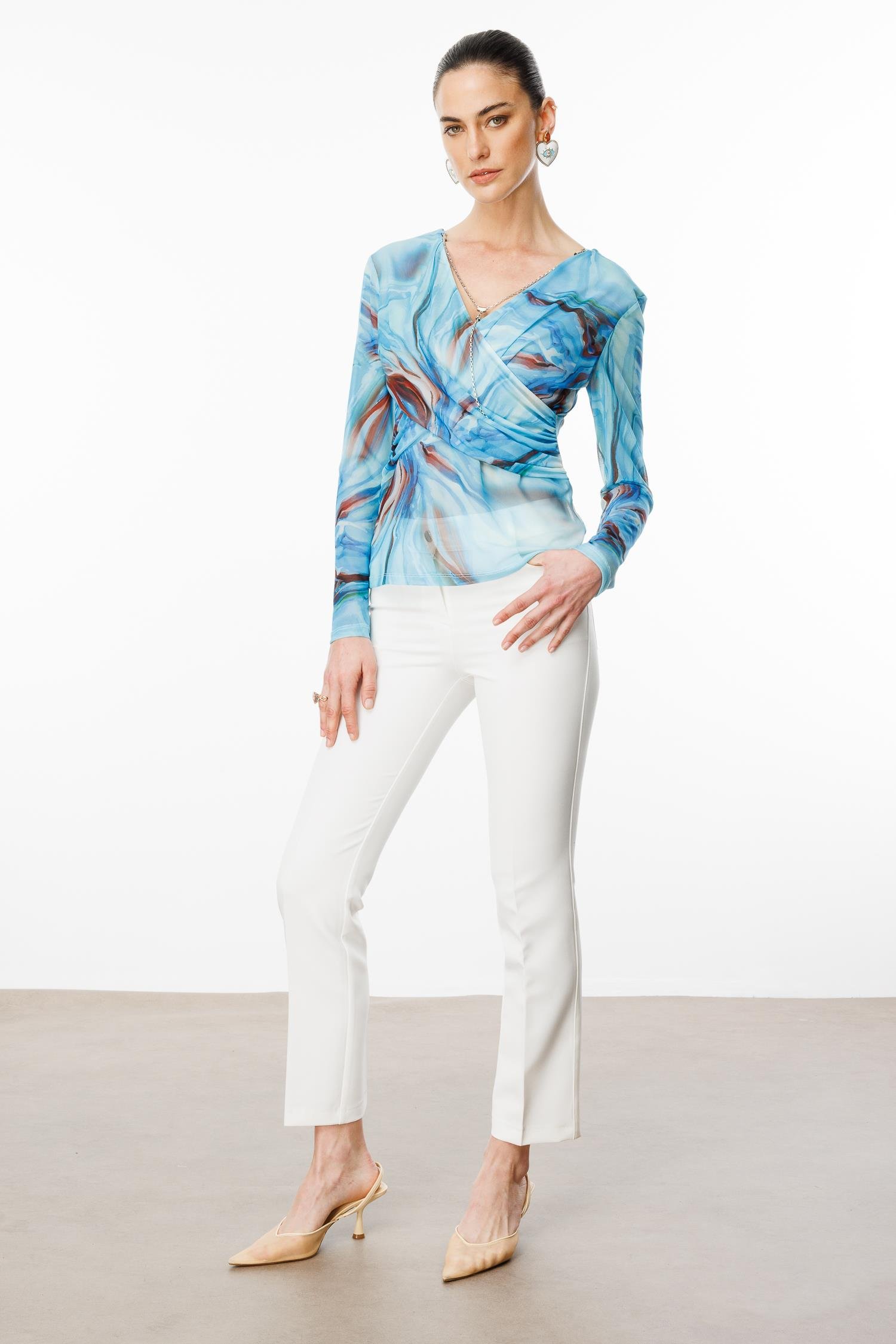 Modailgi  Zincir Aksesuarlı Uzun Kollu Kruvaze Tül Bluz Mavi