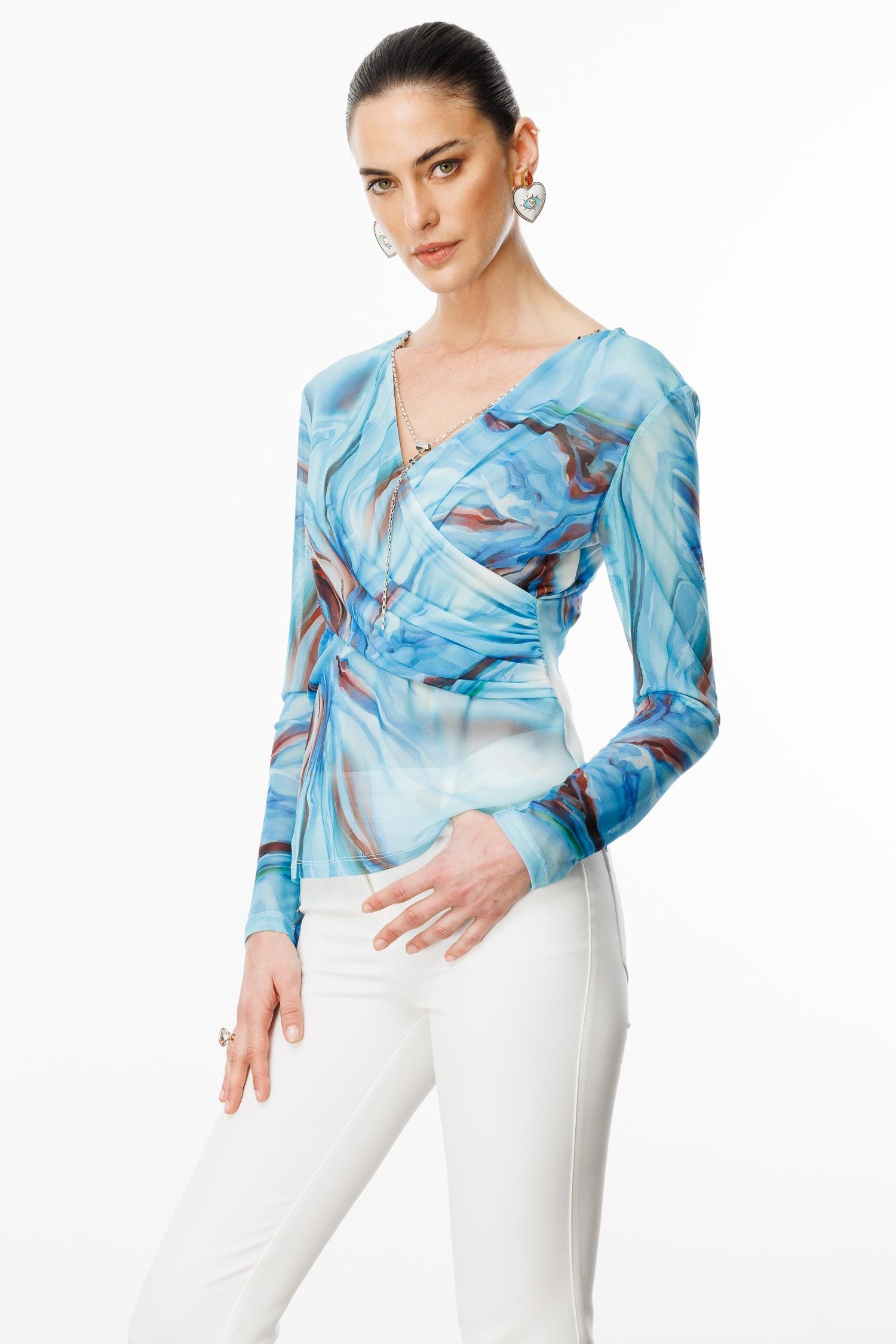 Modailgi  Zincir Aksesuarlı Uzun Kollu Kruvaze Tül Bluz Mavi