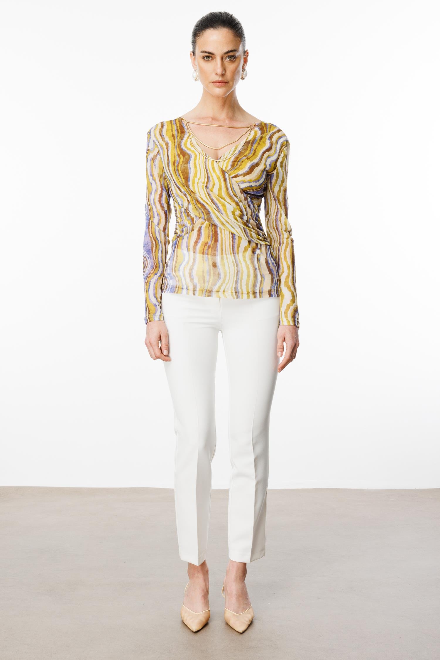 Modailgi  Zincir Aksesuarlı Uzun Kollu Kruvaze Tül Bluz Asit