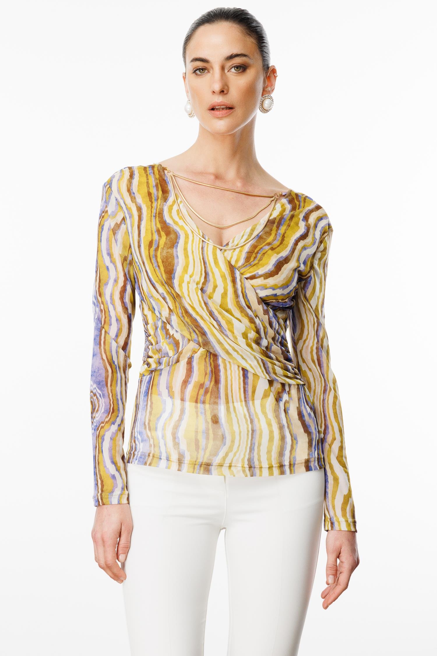 Modailgi  Zincir Aksesuarlı Uzun Kollu Kruvaze Tül Bluz Asit