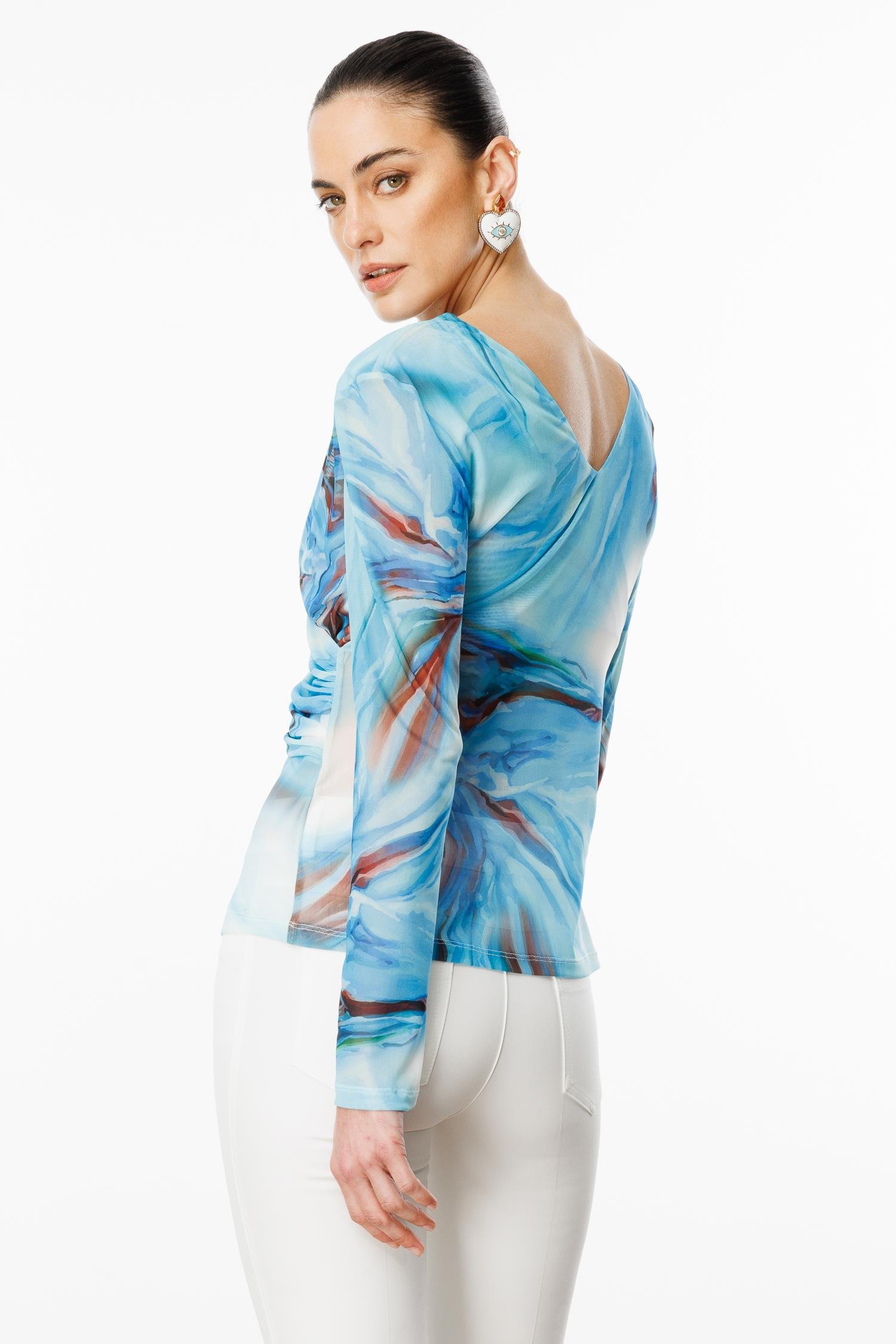 Modailgi  Zincir Aksesuarlı Uzun Kollu Kruvaze Tül Bluz Mavi