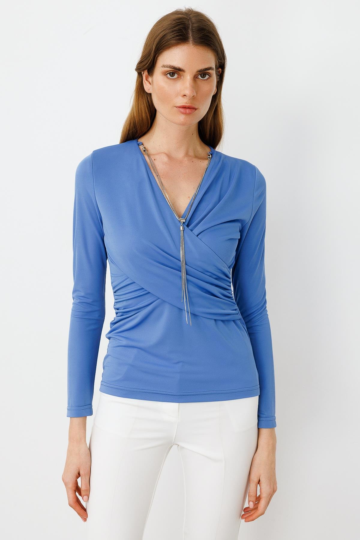 Modailgi  Zincir Aksesuarlı Uzun Kollu Kruvaze Bluz İndigo