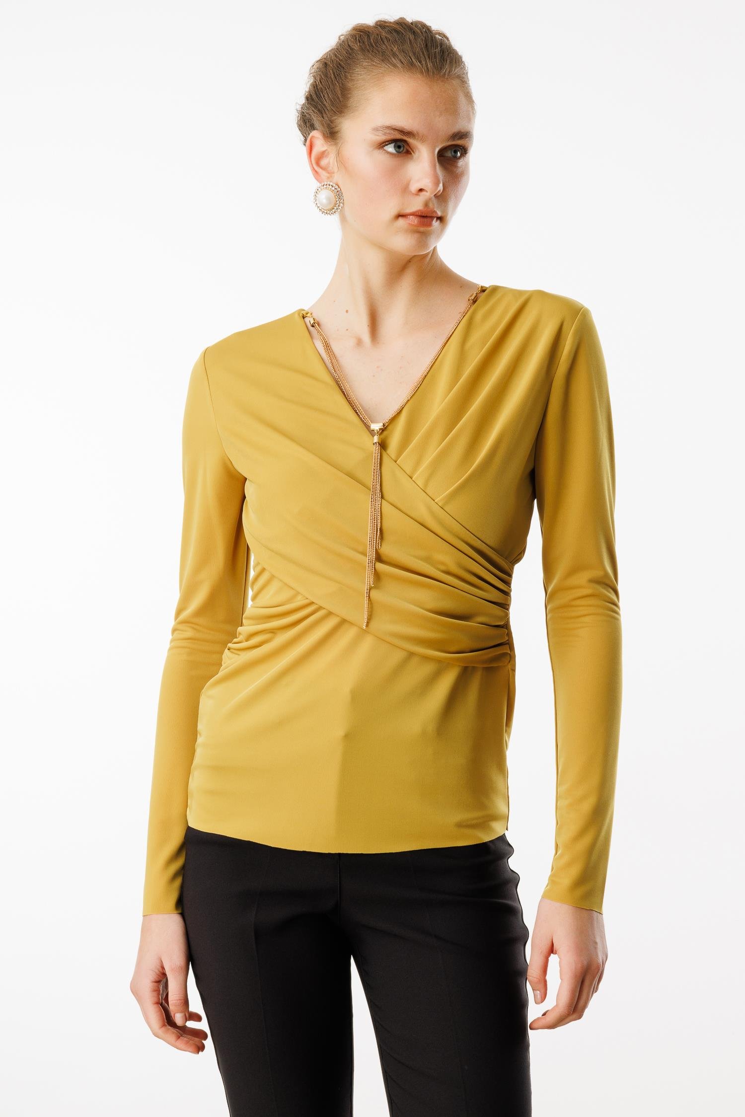 Modailgi  Zincir Aksesuarlı Uzun Kollu Kruvaze Bluz Safran