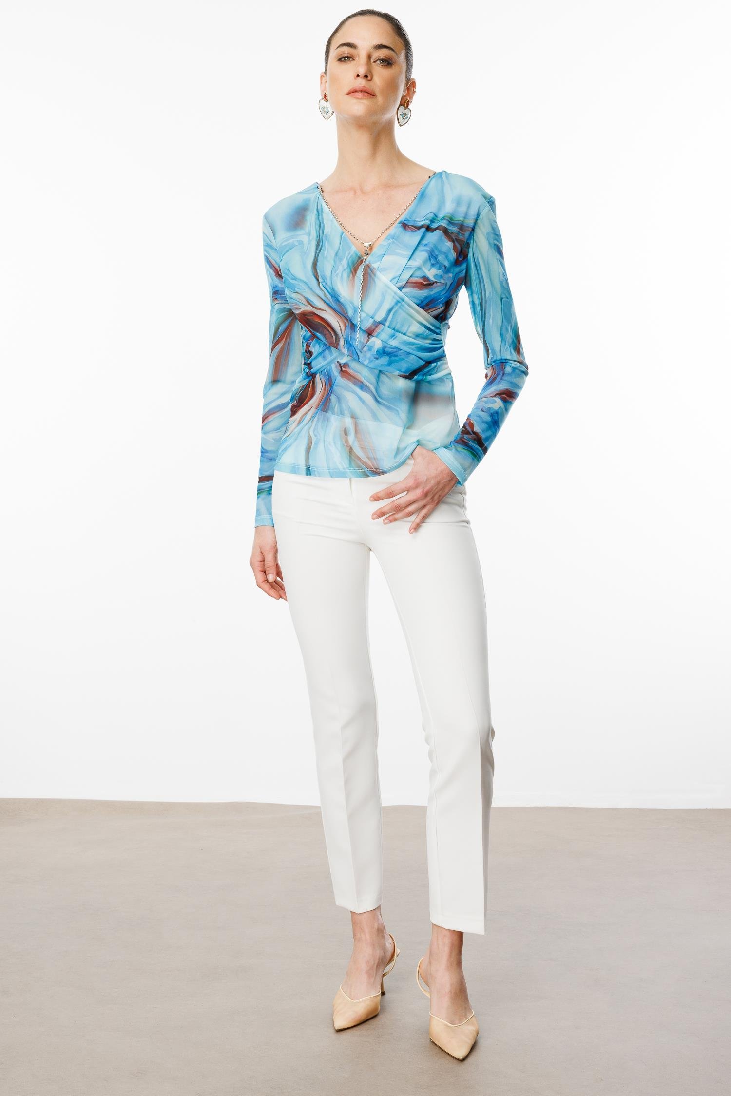 Modailgi  Zincir Aksesuarlı Uzun Kollu Kruvaze Tül Bluz Mavi