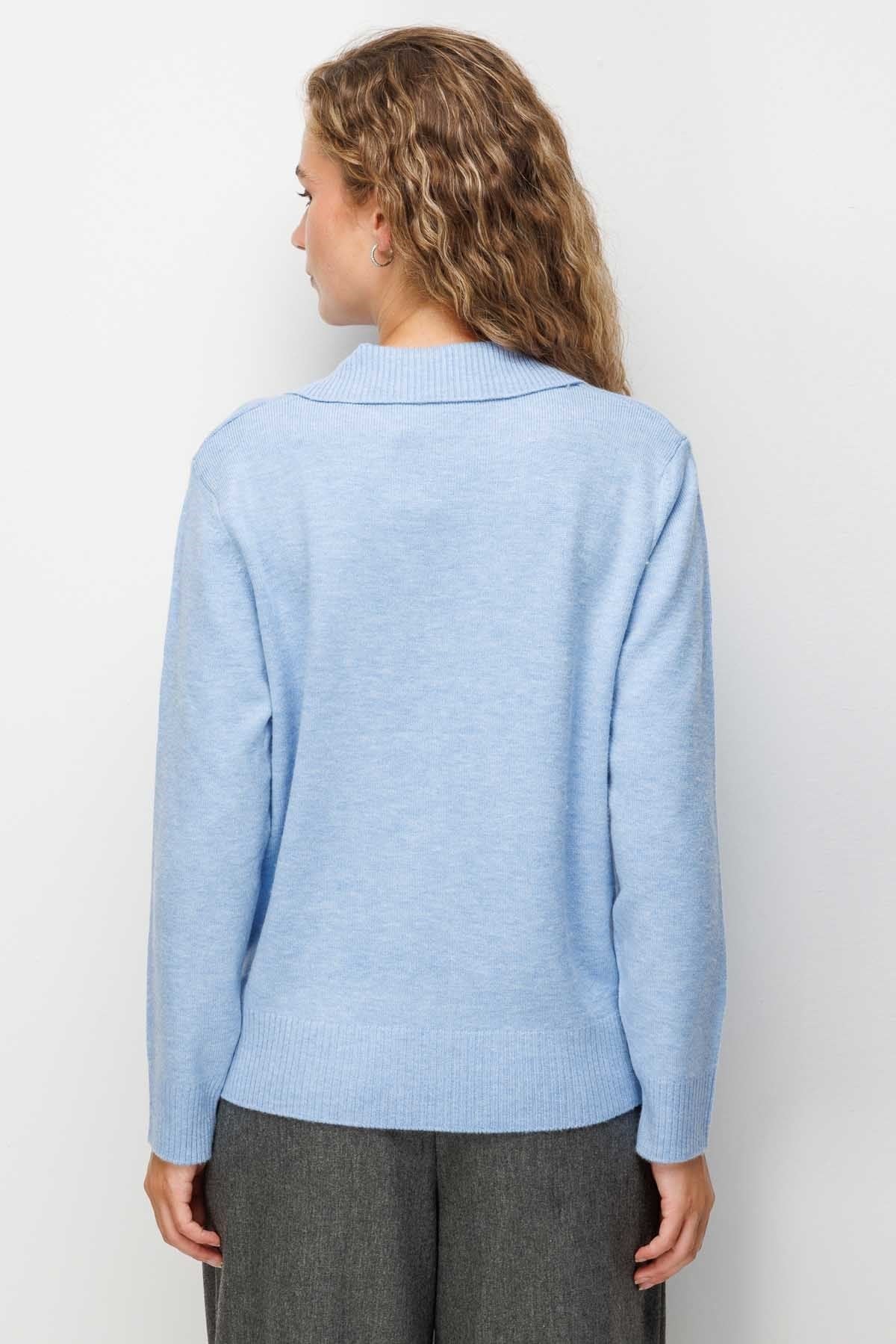 Mutlu Ertan Kadın Polo Yaka Yün Karışımlı Bluz Mavi 20359