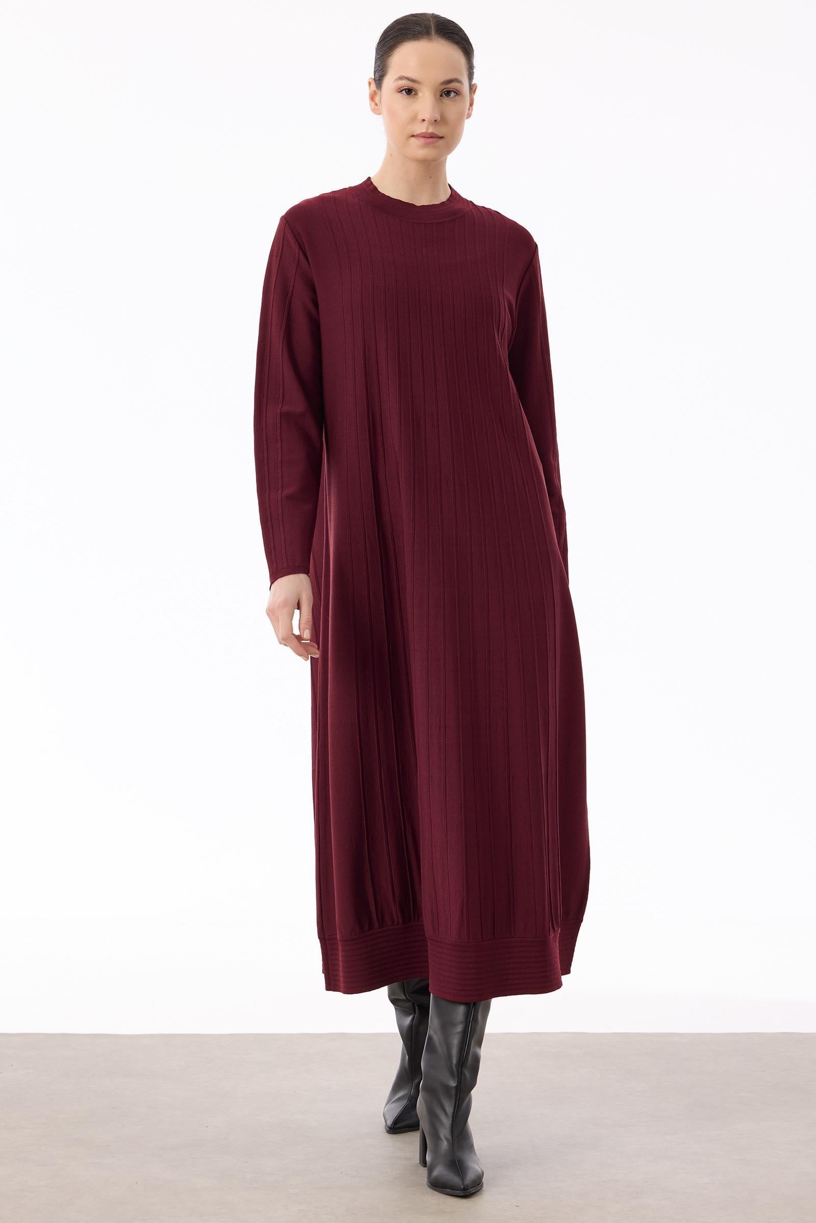 Nervür Detaylı Rayon Elbise BORDO