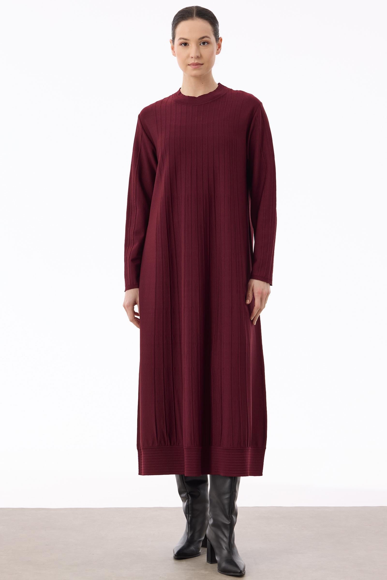 Nervür Detaylı Rayon Elbise BORDO