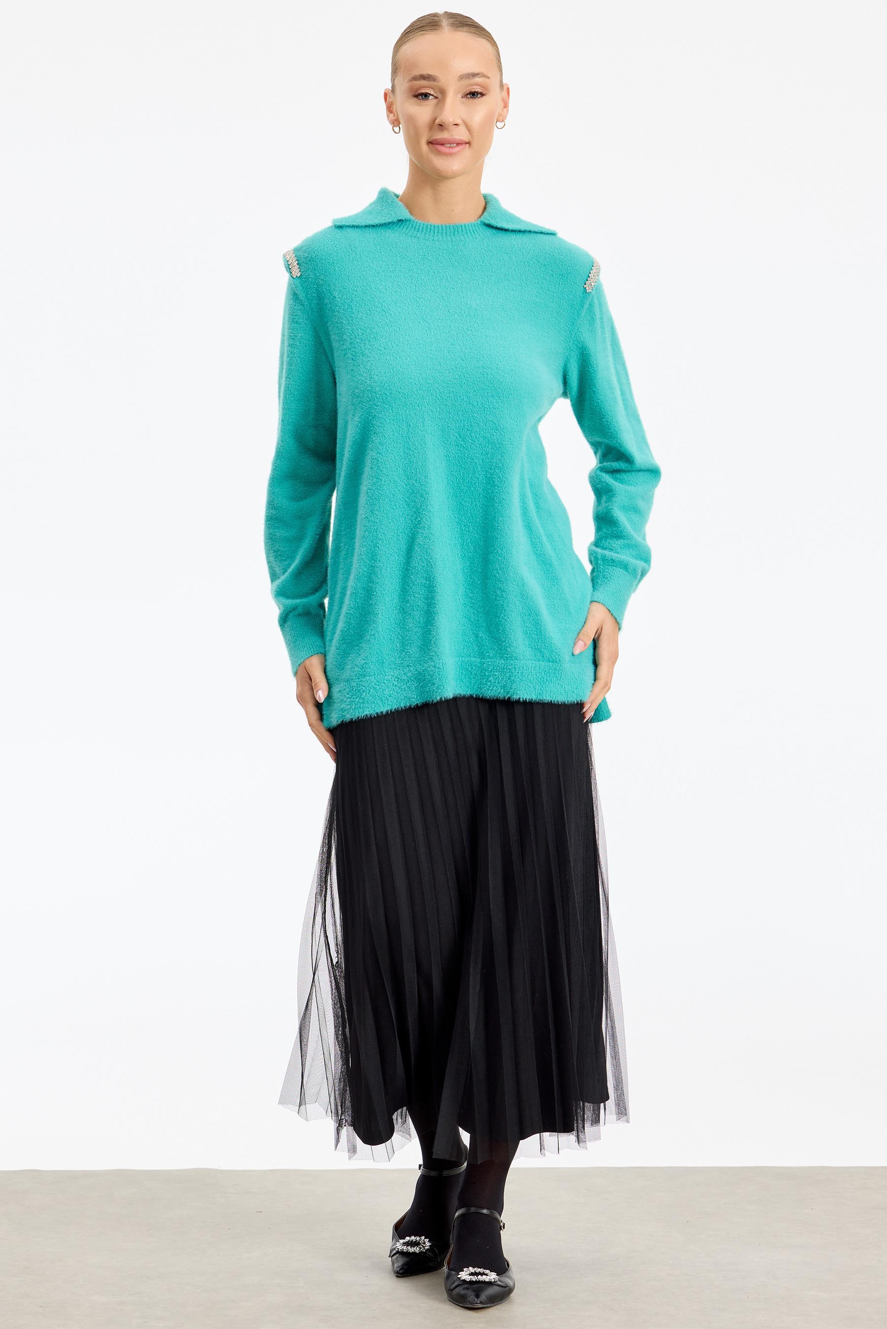 Omuzları Taş Detaylı Tunik YEŞİL