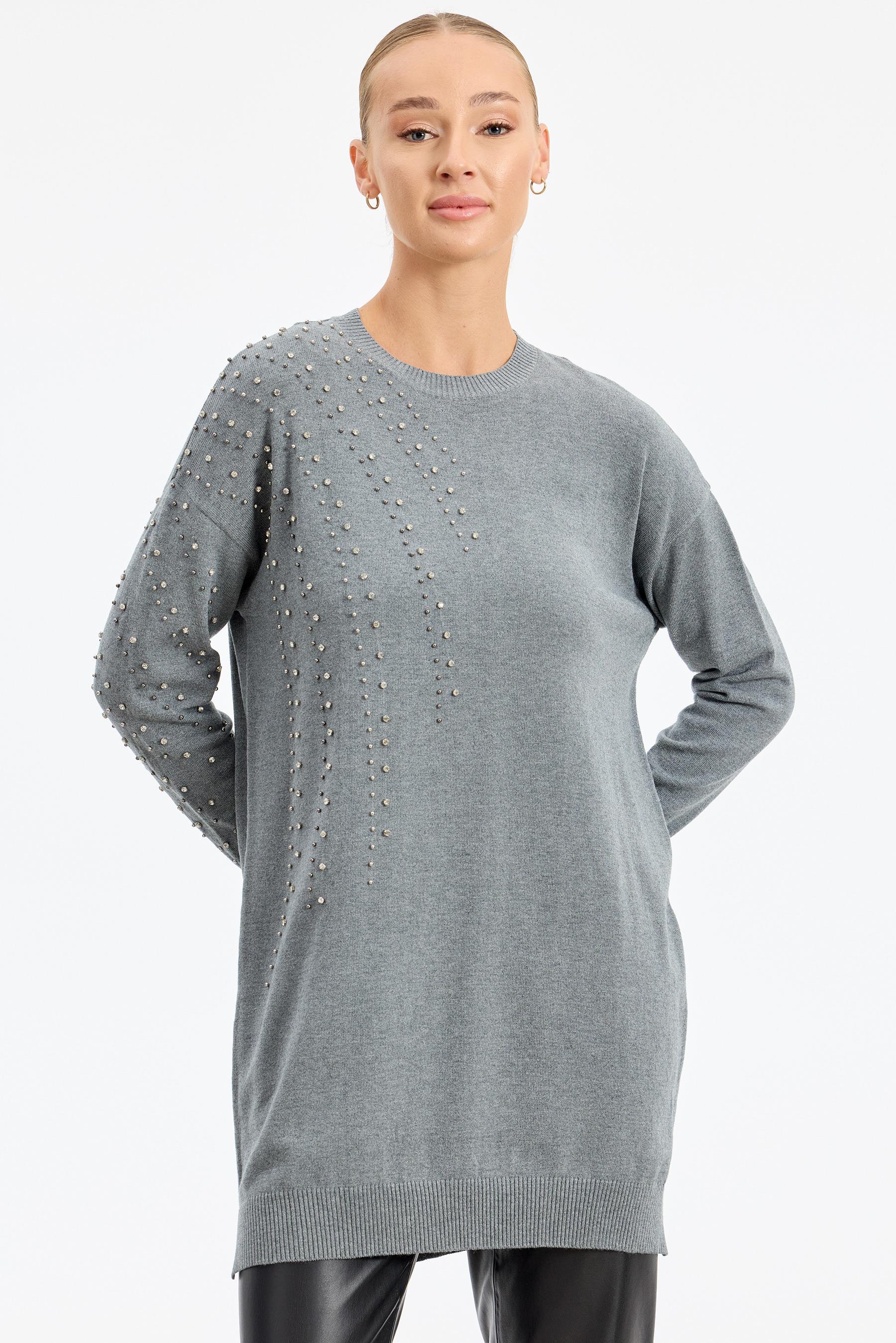 Omuzu Ve Kolu Taş Detaylı Tunikl GRİ MELANJ