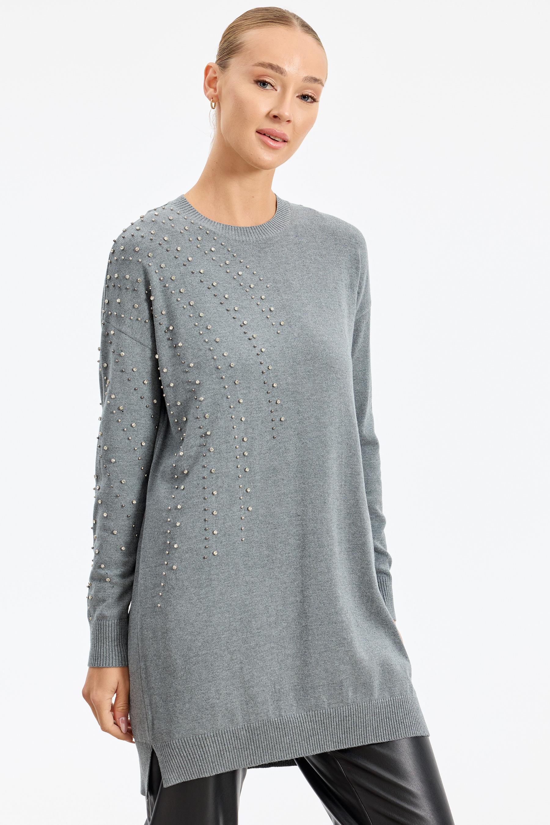 Omuzu Ve Kolu Taş Detaylı Tunikl GRİ MELANJ