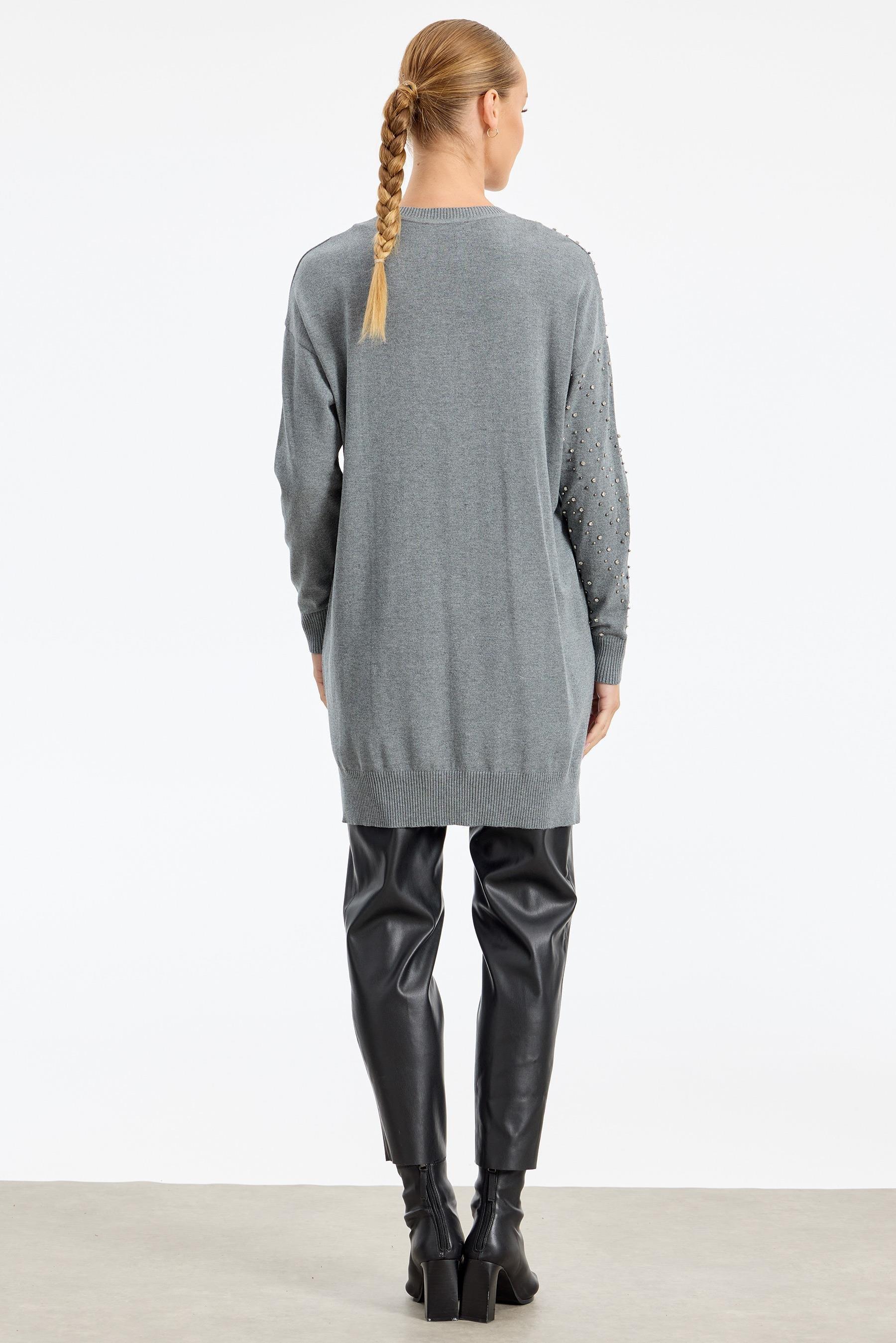 Omuzu Ve Kolu Taş Detaylı Tunikl GRİ MELANJ