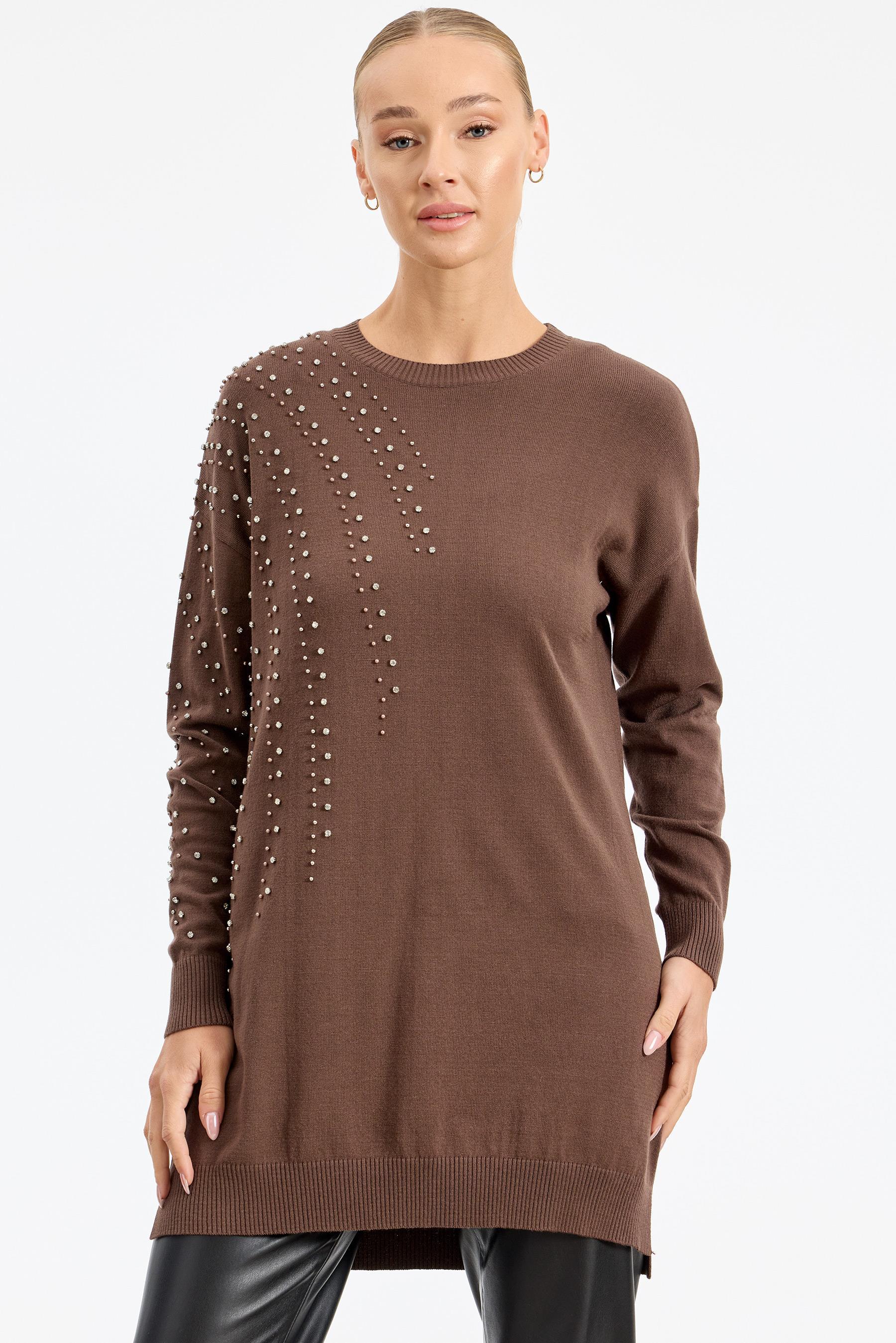 Omuzu Ve Kolu Taş Detaylı Tunikl KAHVE