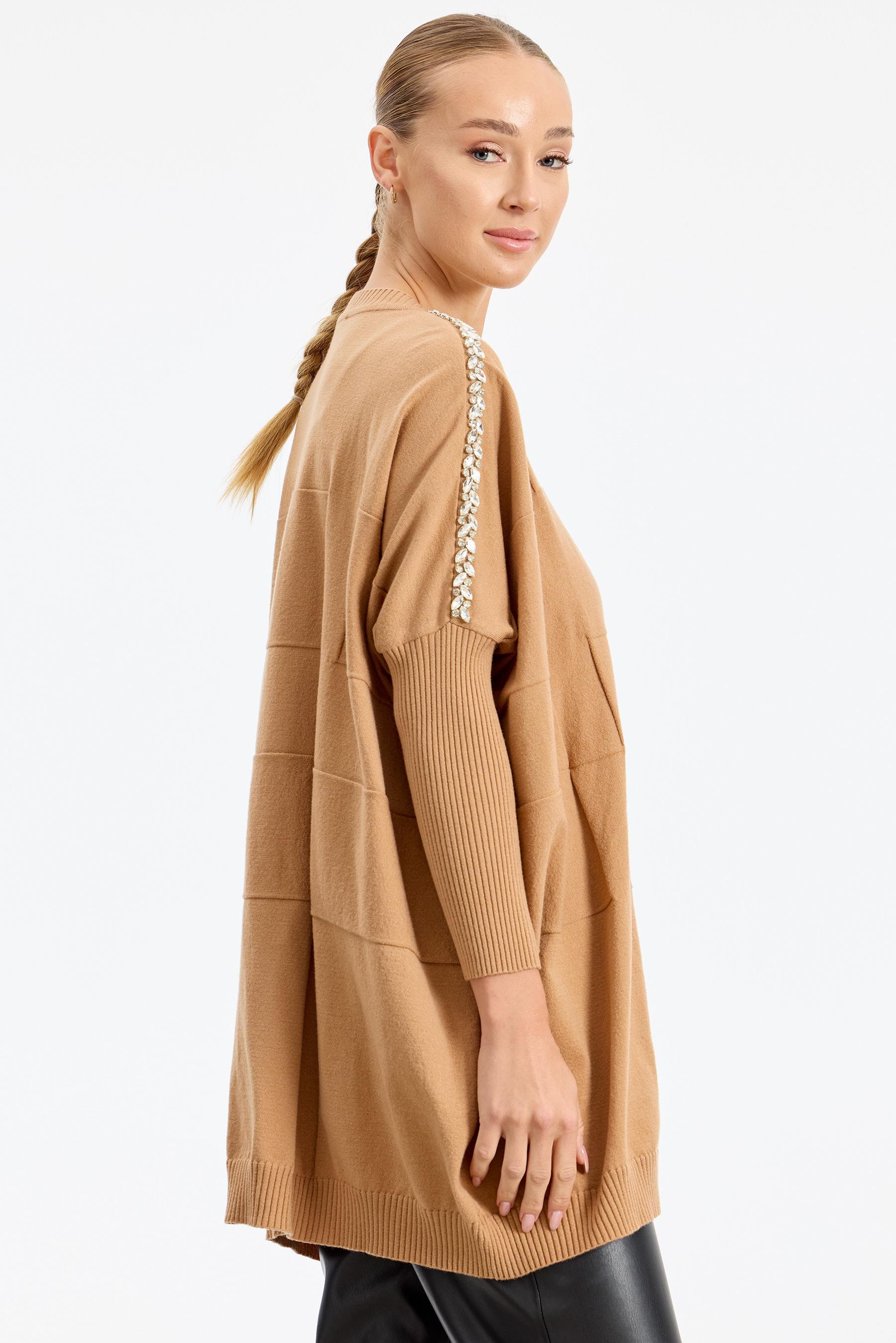 Omzu Yapıştırma Taşlı Yarasa Kollu Triko Tunik CAMEL