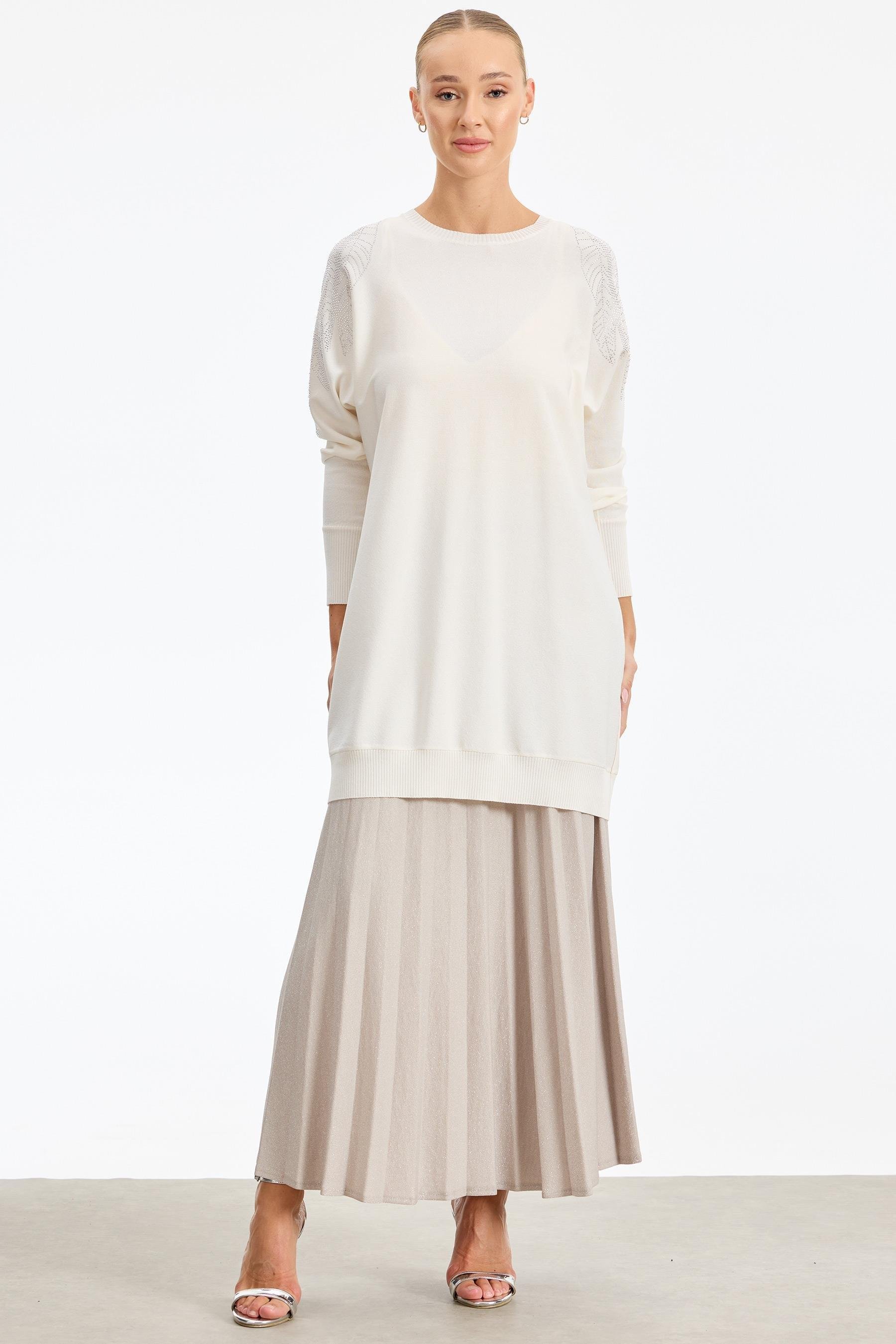 Omzu Yaprak Taş Baskılı Rayon Tunik VANİLYA