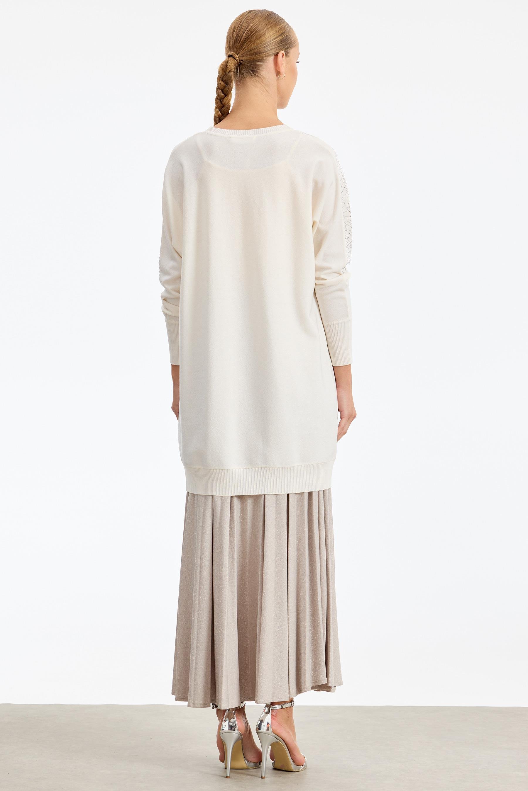 Omzu Yaprak Taş Baskılı Rayon Tunik VANİLYA