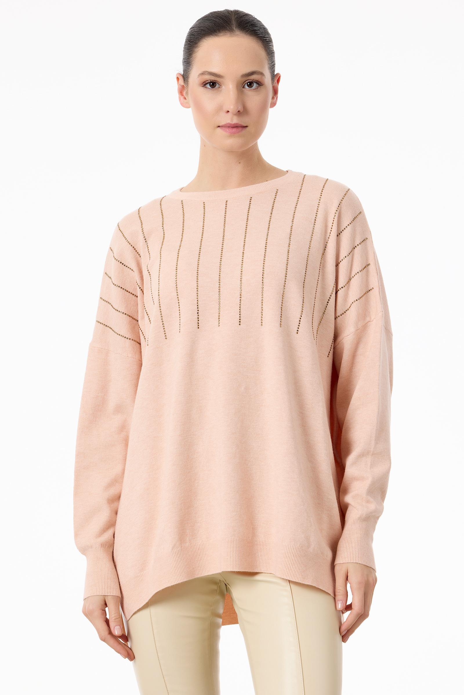 Ön Bedeni Yarım Taş Baskılı Triko Tunik PEMBE