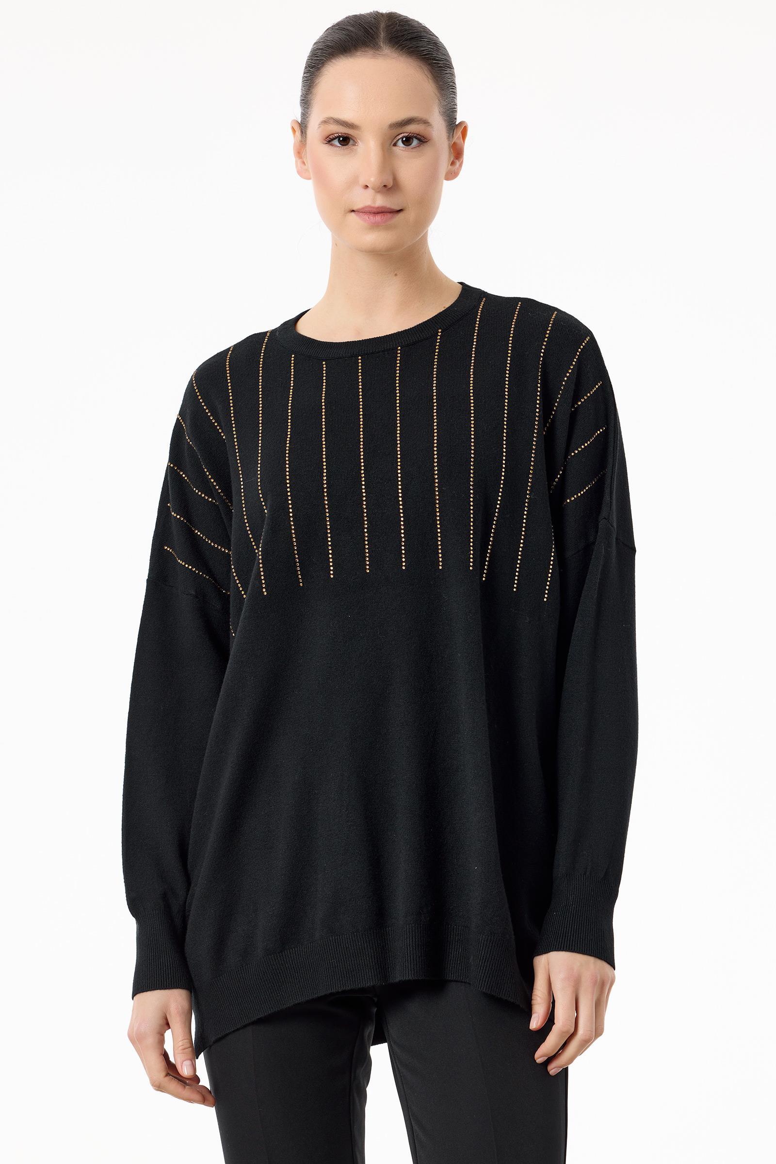 Ön Bedeni Yarım Taş Baskılı Triko Tunik SİYAH