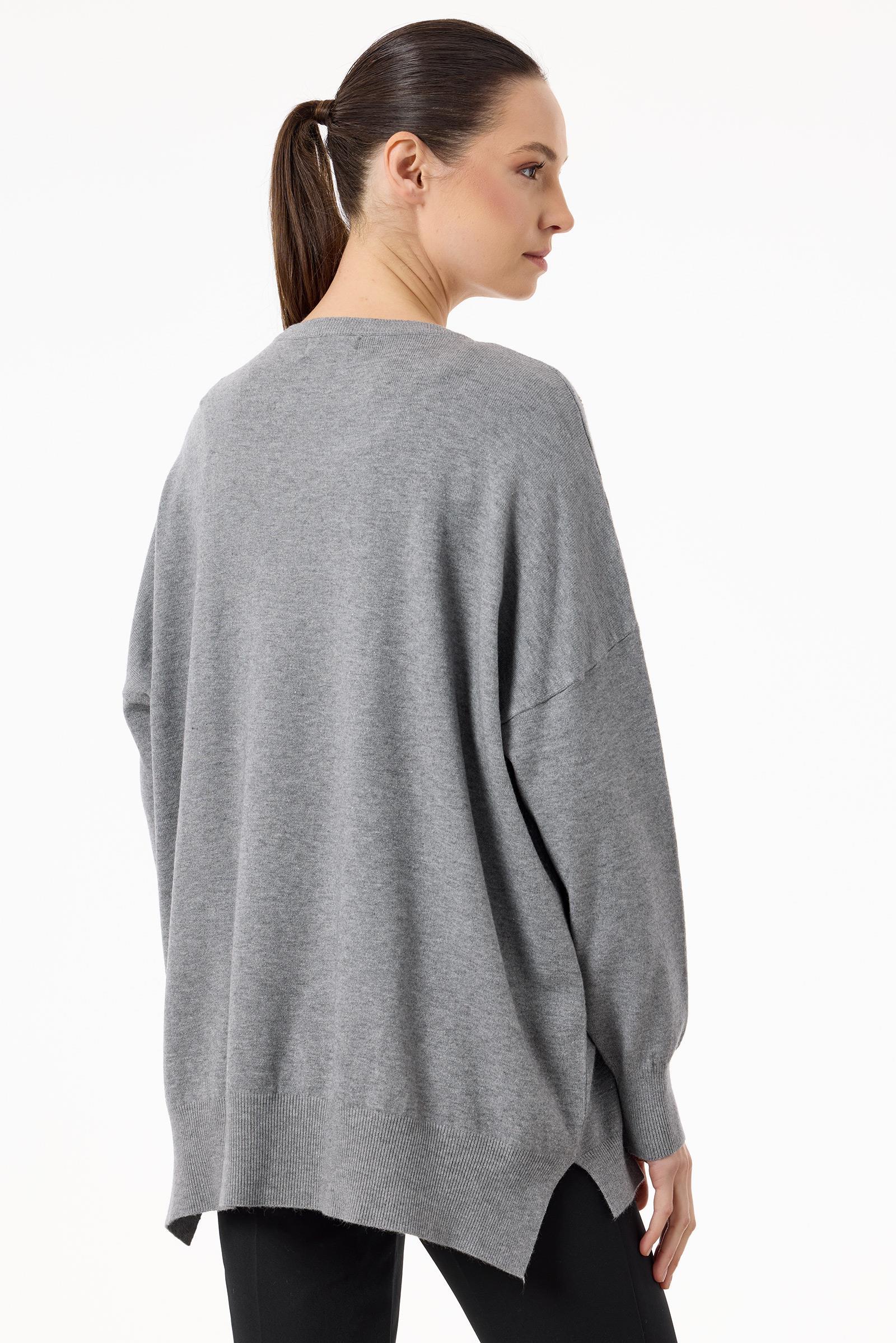 Ön Bedeni Yarım Taş Baskılı Triko Tunik GRİ