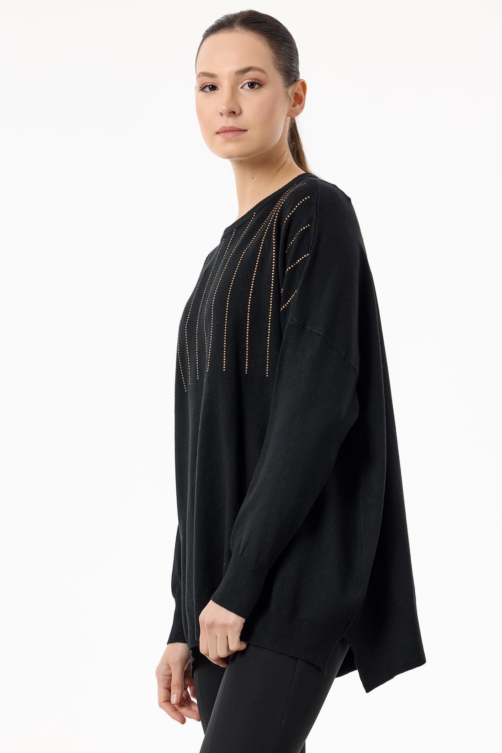 Ön Bedeni Yarım Taş Baskılı Triko Tunik SİYAH