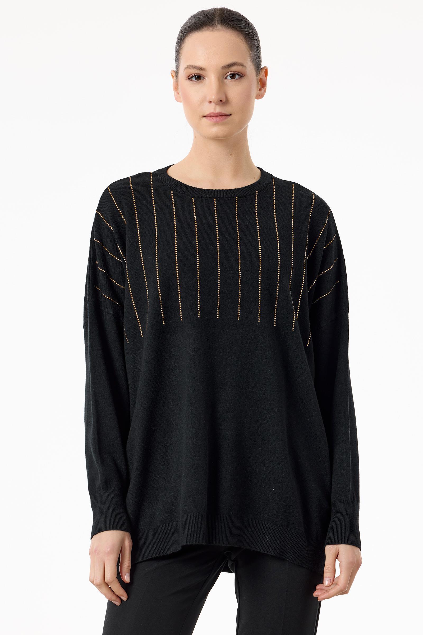 Ön Bedeni Yarım Taş Baskılı Triko Tunik SİYAH