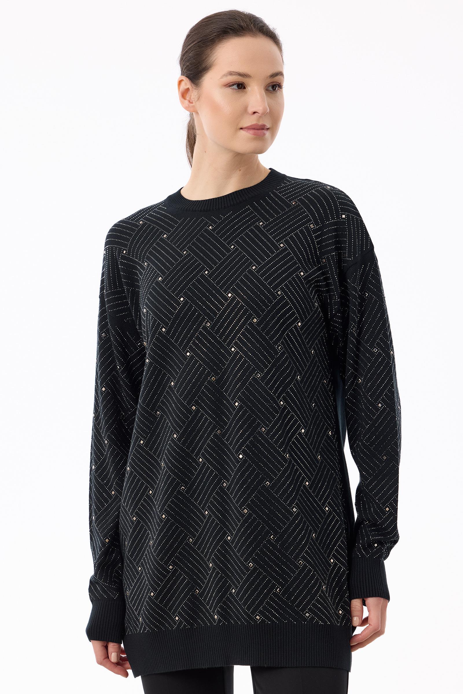 Önü Kafes Taş Baskılı Tunik SİYAH