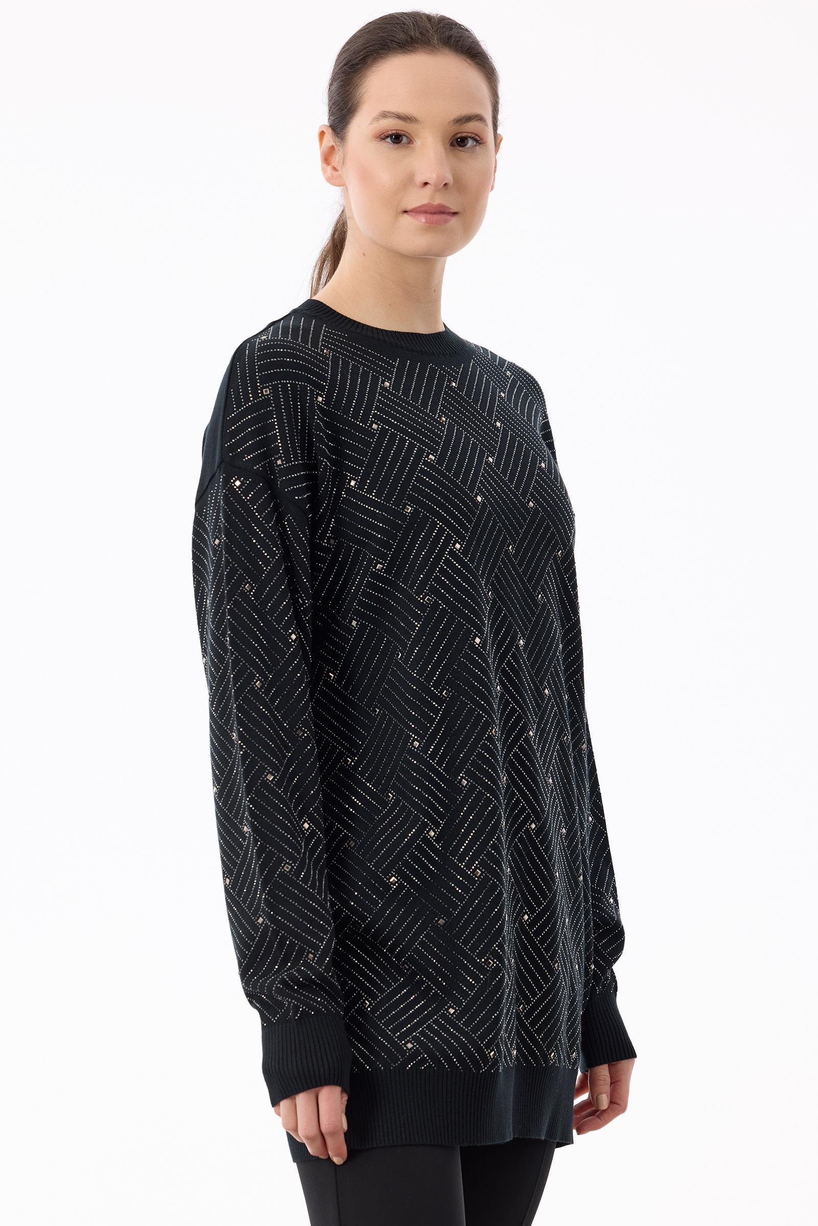 Önü Kafes Taş Baskılı Tunik SİYAH