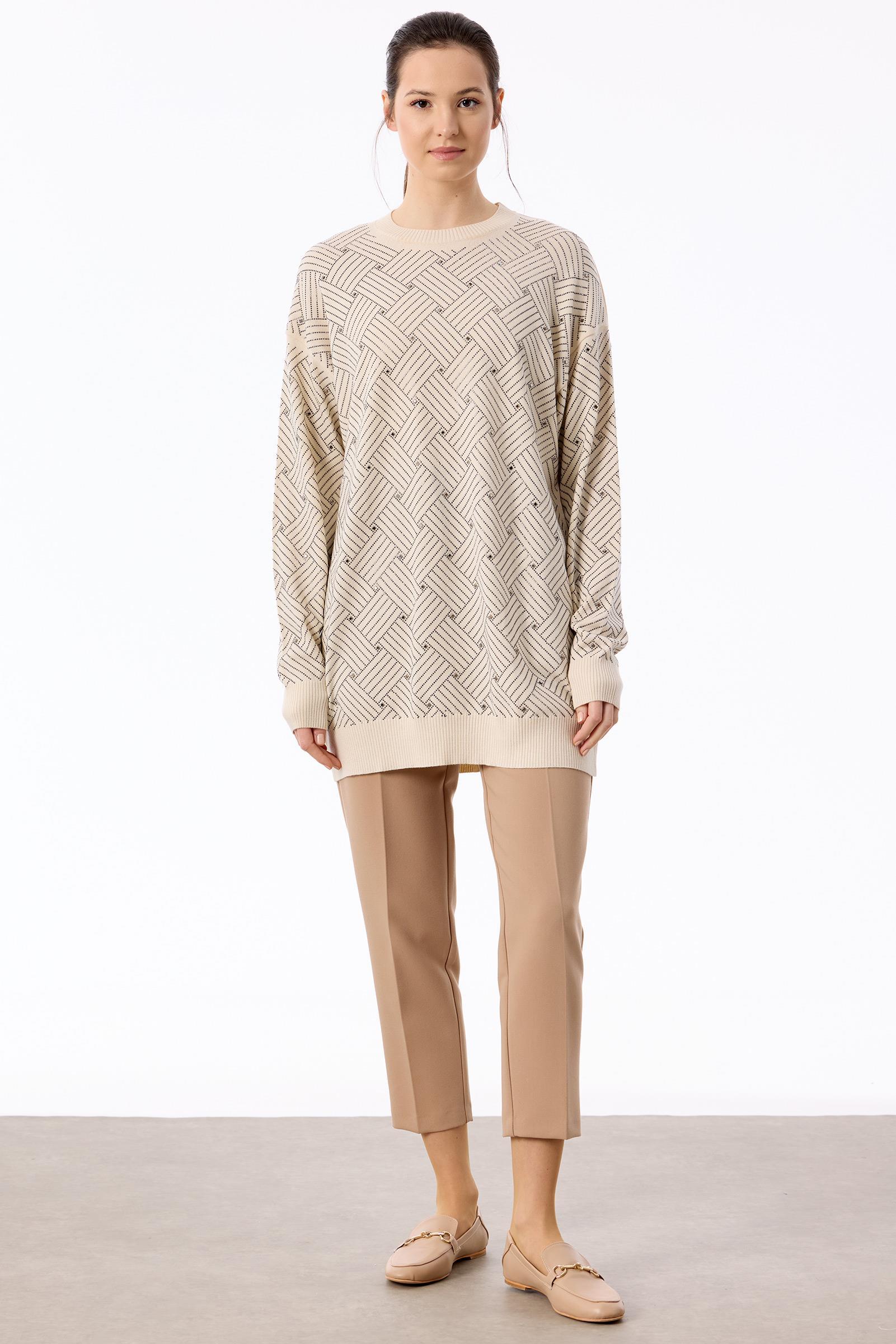 Önü Kafes Taş Baskılı Tunik VANİLYA