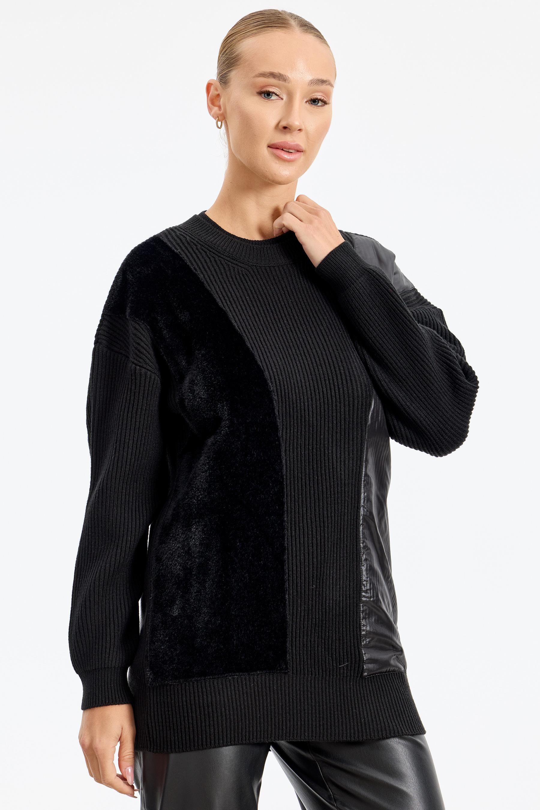 Önü Kumaş Kombinli Tunik SİYAH