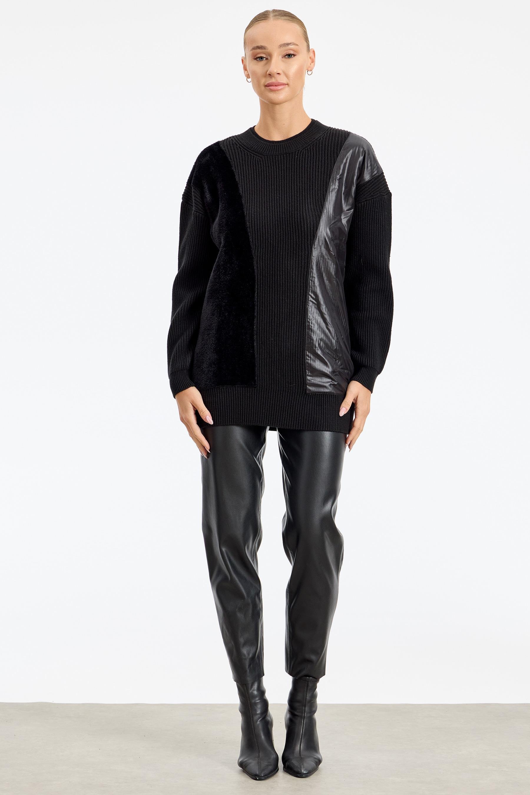 Önü Kumaş Kombinli Tunik SİYAH