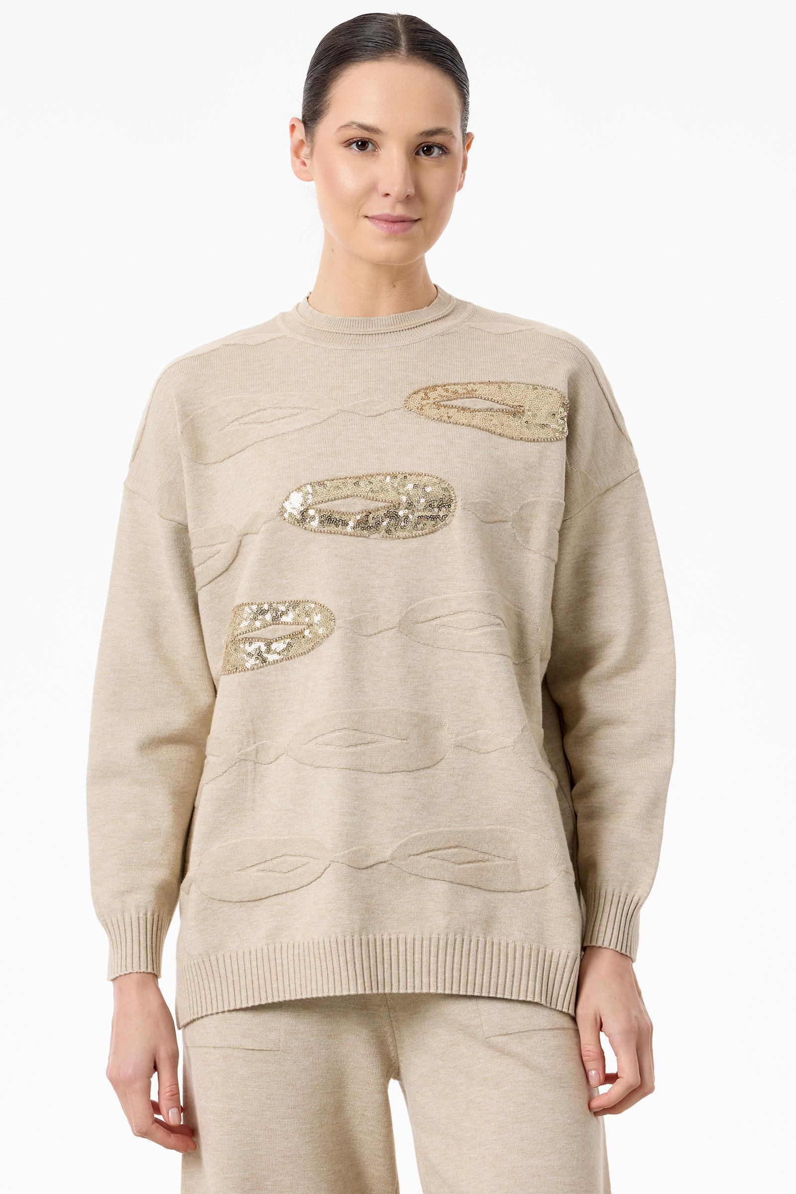 Önü Payet Detaylı Pantolonlu Triko Takım BEJ