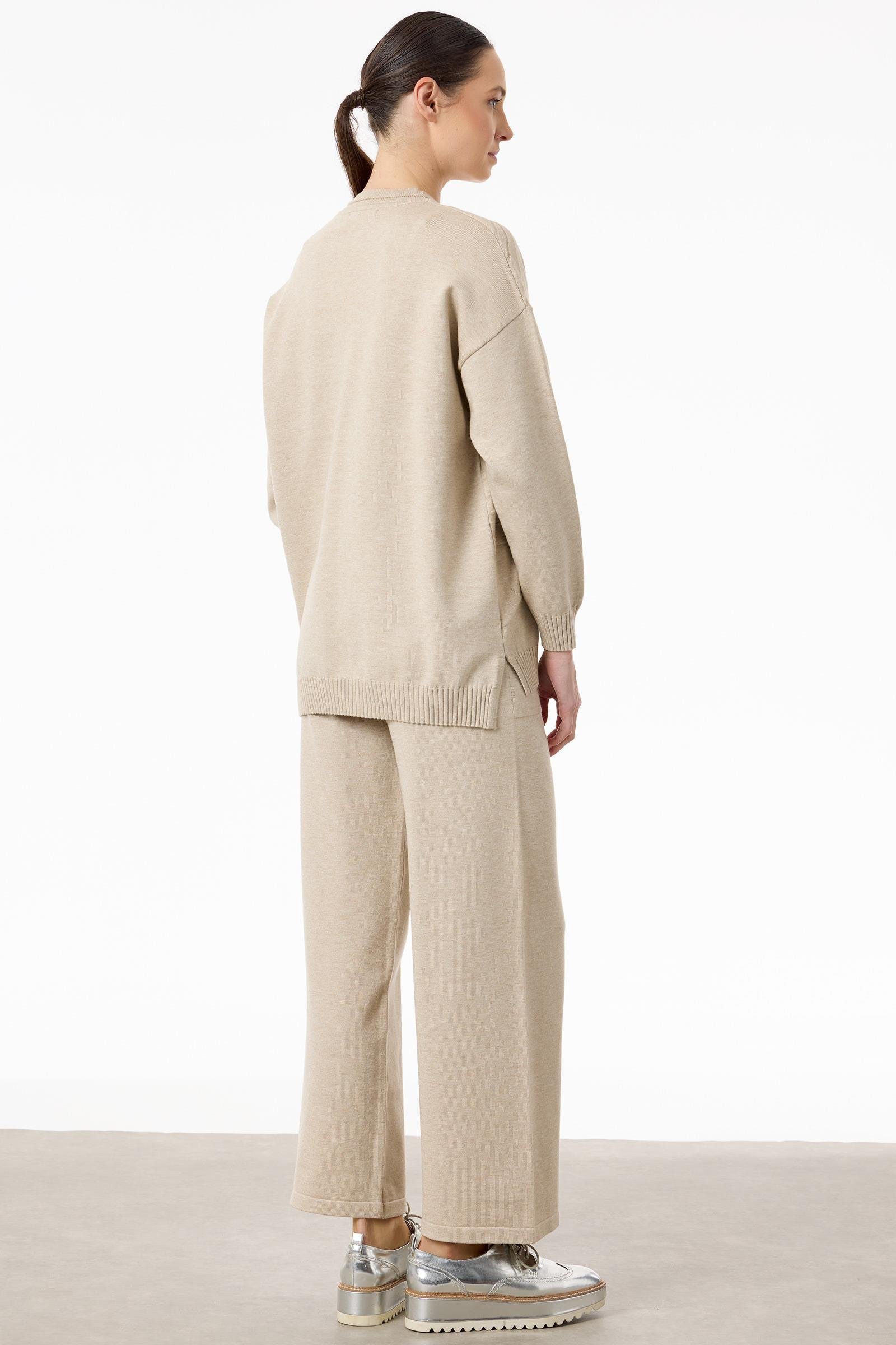 Önü Payet Detaylı Pantolonlu Triko Takım BEJ