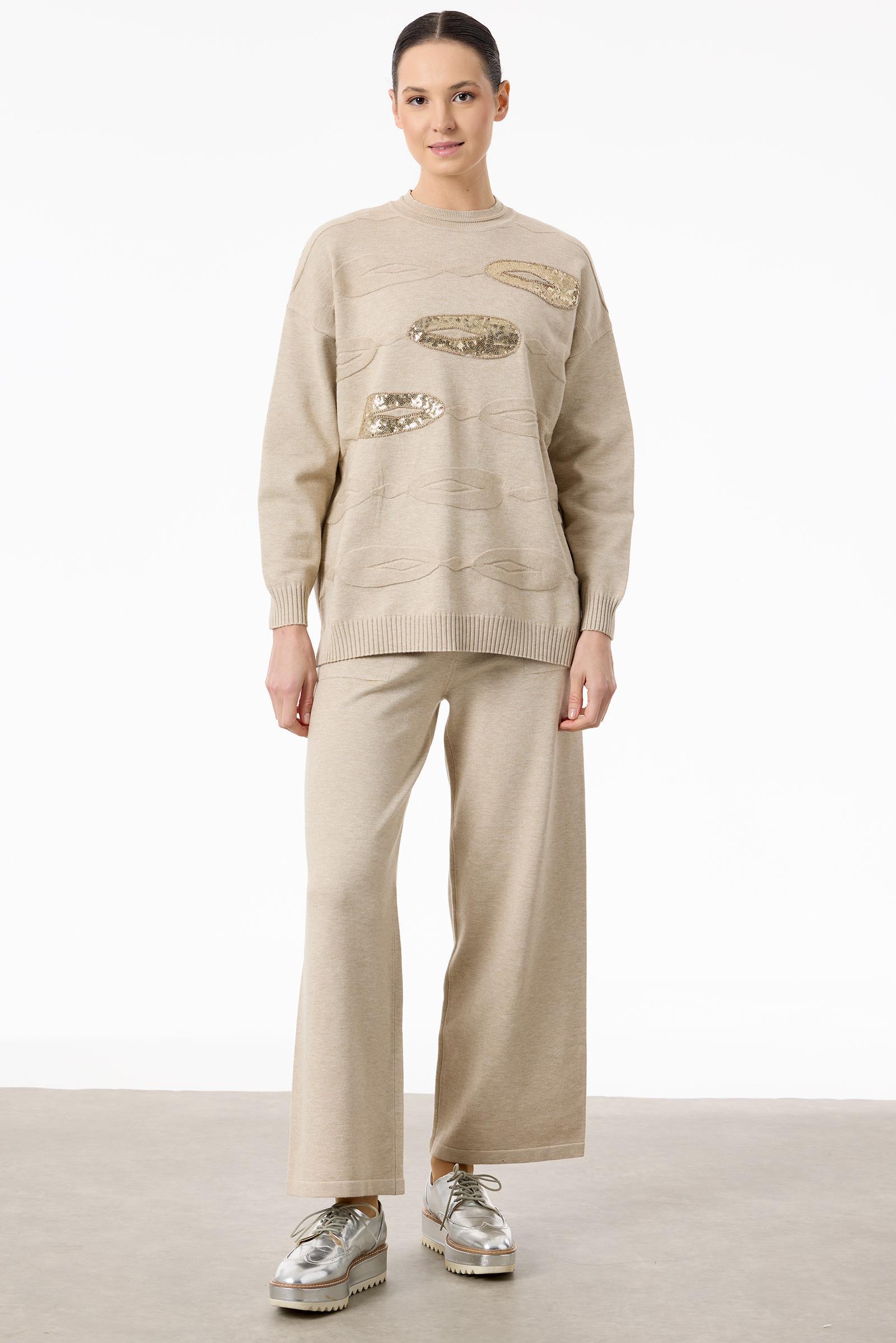 Önü Payet Detaylı Pantolonlu Triko Takım BEJ