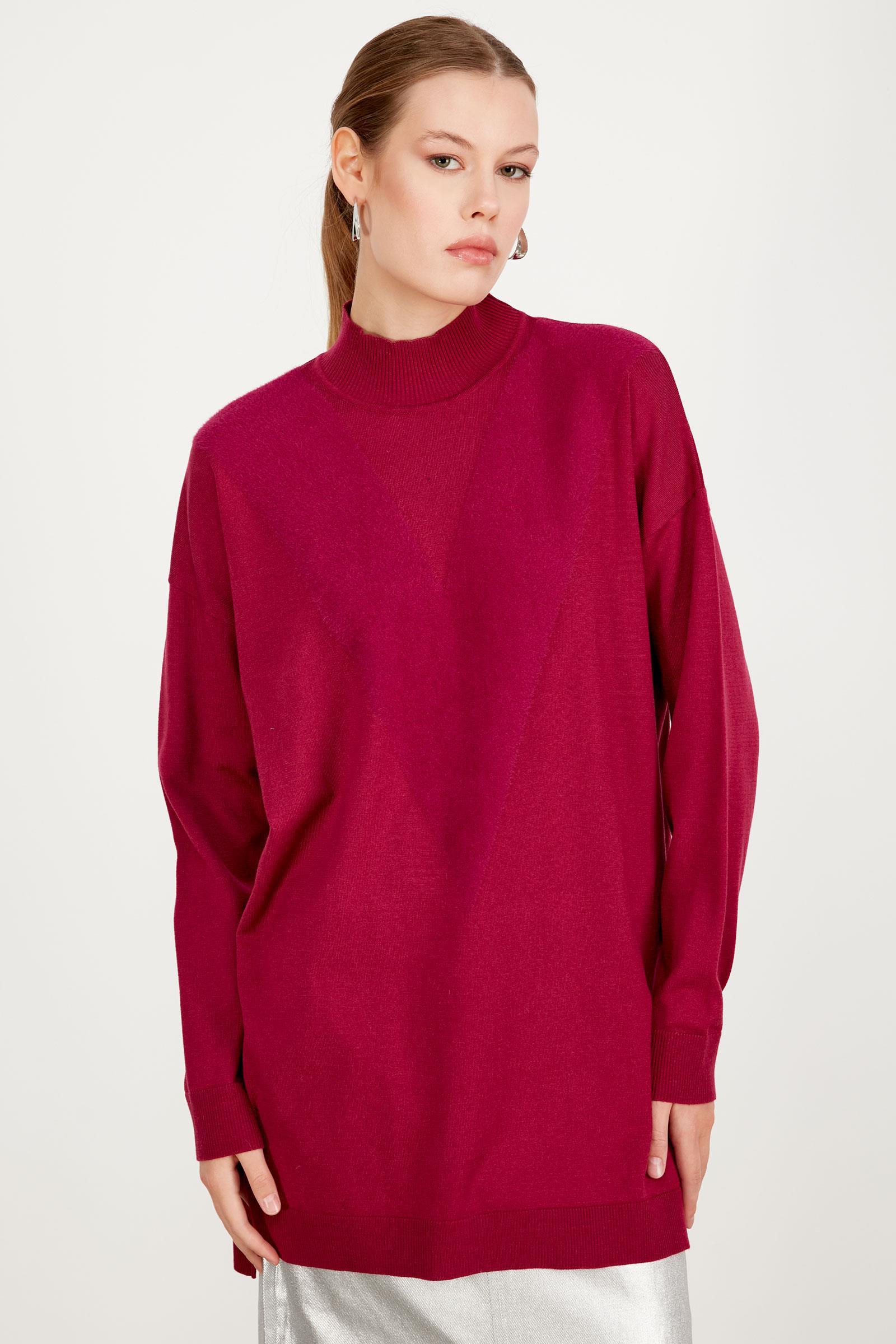 ÖNÜ V MİNK DETAYLI TRİKO TUNİK FUŞYA