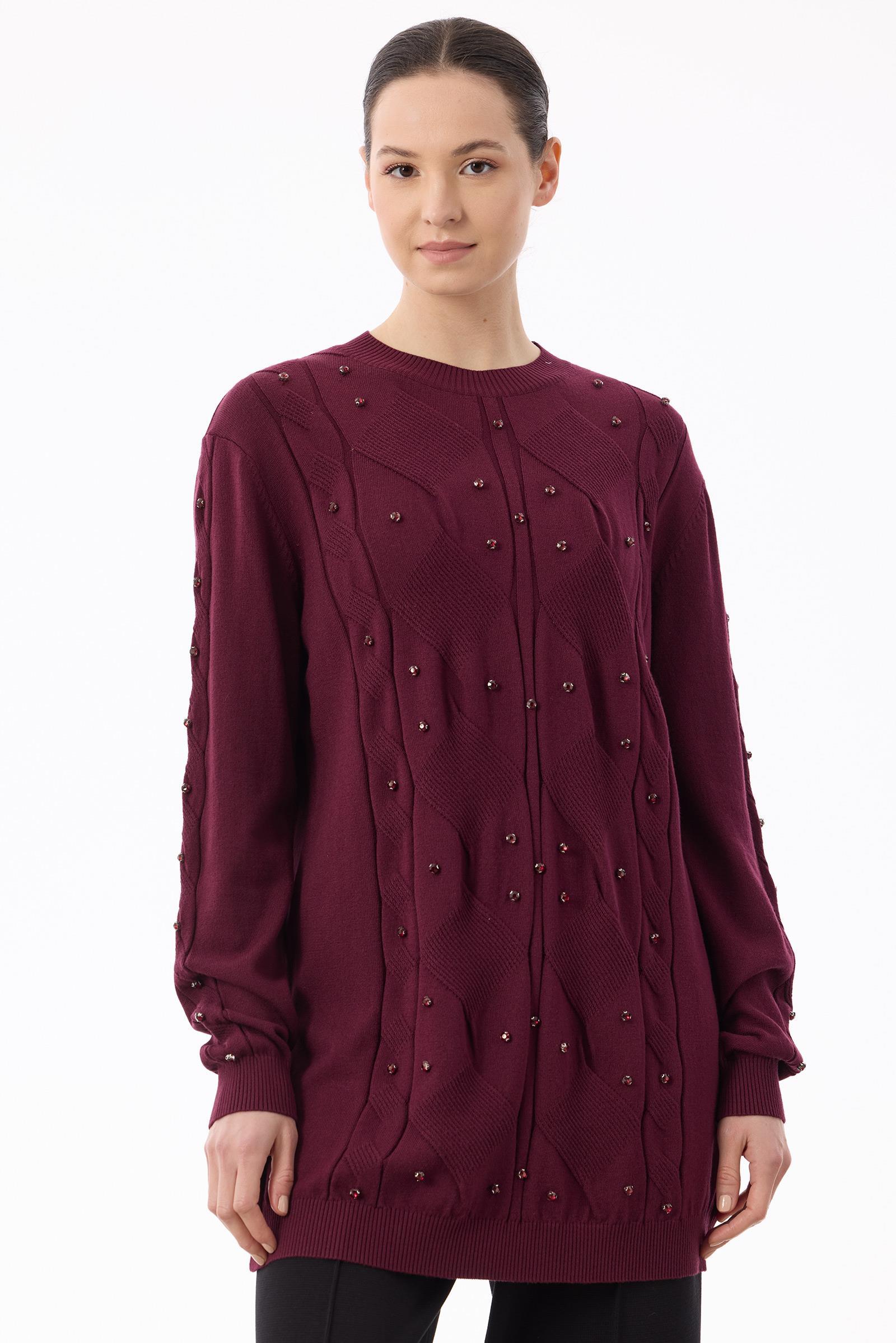 Örgü Detaylı Taşlı Triko Tunik BORDO