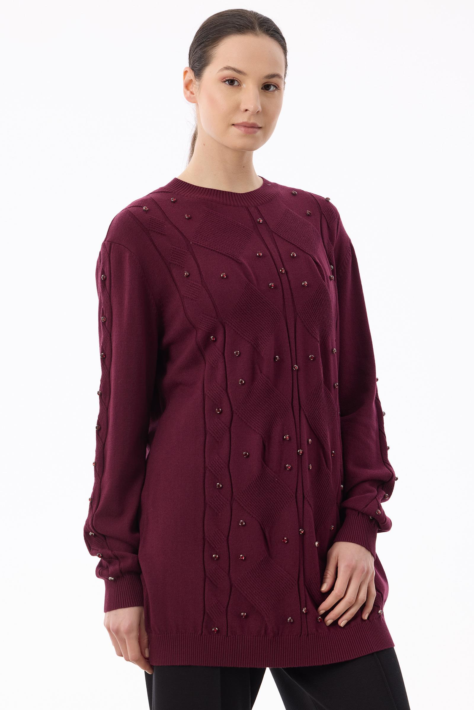 Örgü Detaylı Taşlı Triko Tunik BORDO