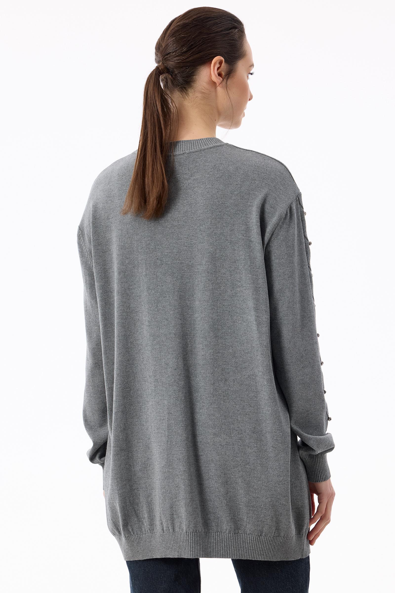 Örgü Detaylı Taşlı Triko Tunik GRİ