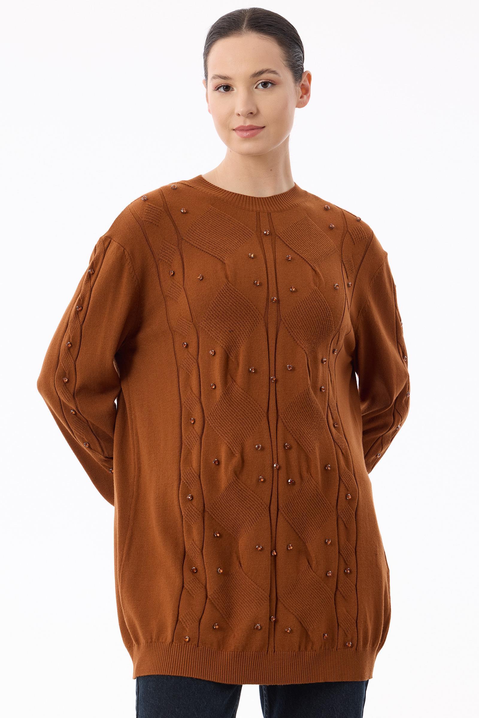 Örgü Detaylı Taşlı Triko Tunik KREMİT