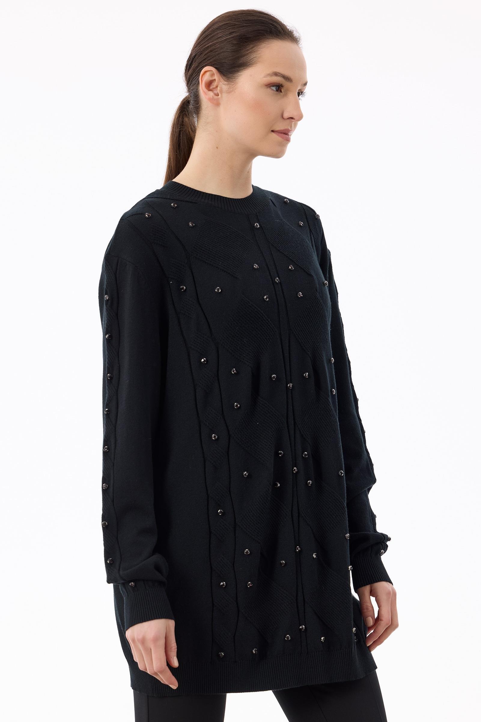 Örgü Detaylı Taşlı Triko Tunik SİYAH